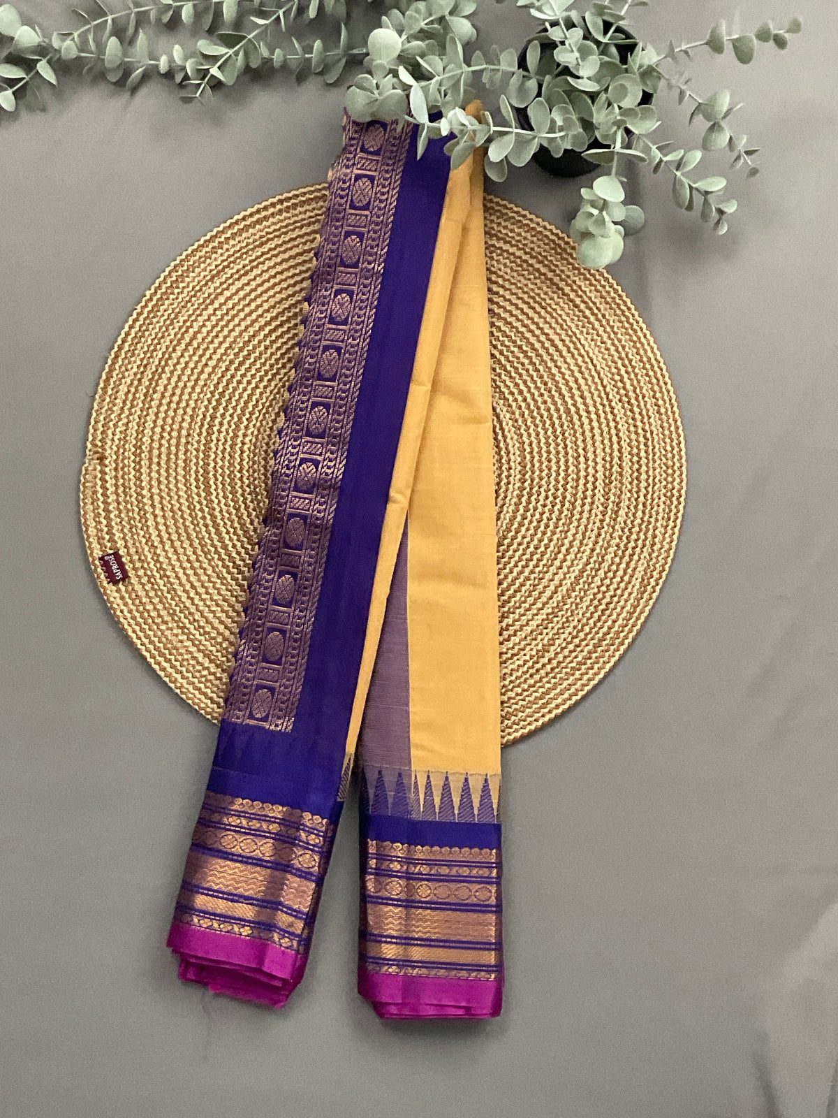 Cream sico Gadwal silk saree with violet zari border and pallu from Sri Manisha Sarees