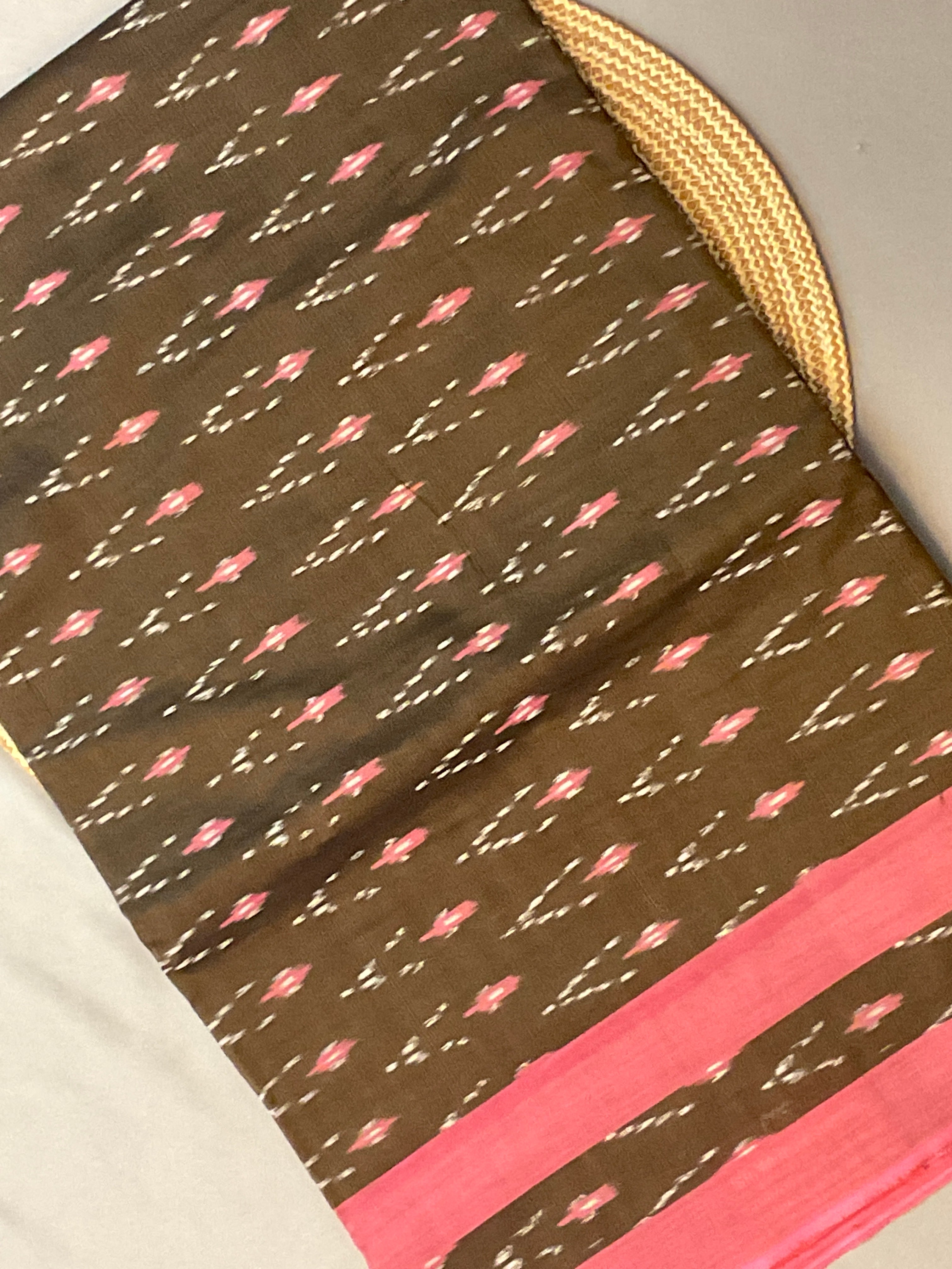 Brown Pochampally Ikat Handloom Cotton Saree with Contrast Pallu – Without Blouse (Design 2)