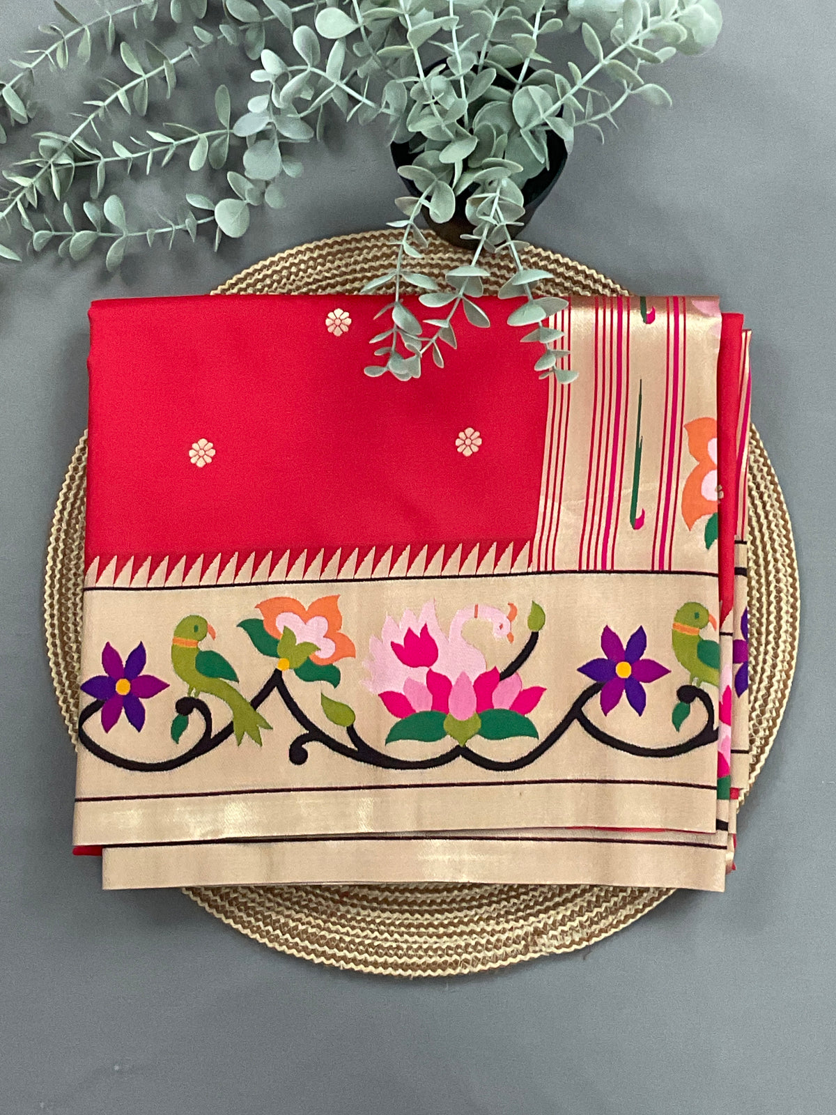 Red Paithani silk saree with grand zari pallu - Sri Manisha Sarees Hyderabad
