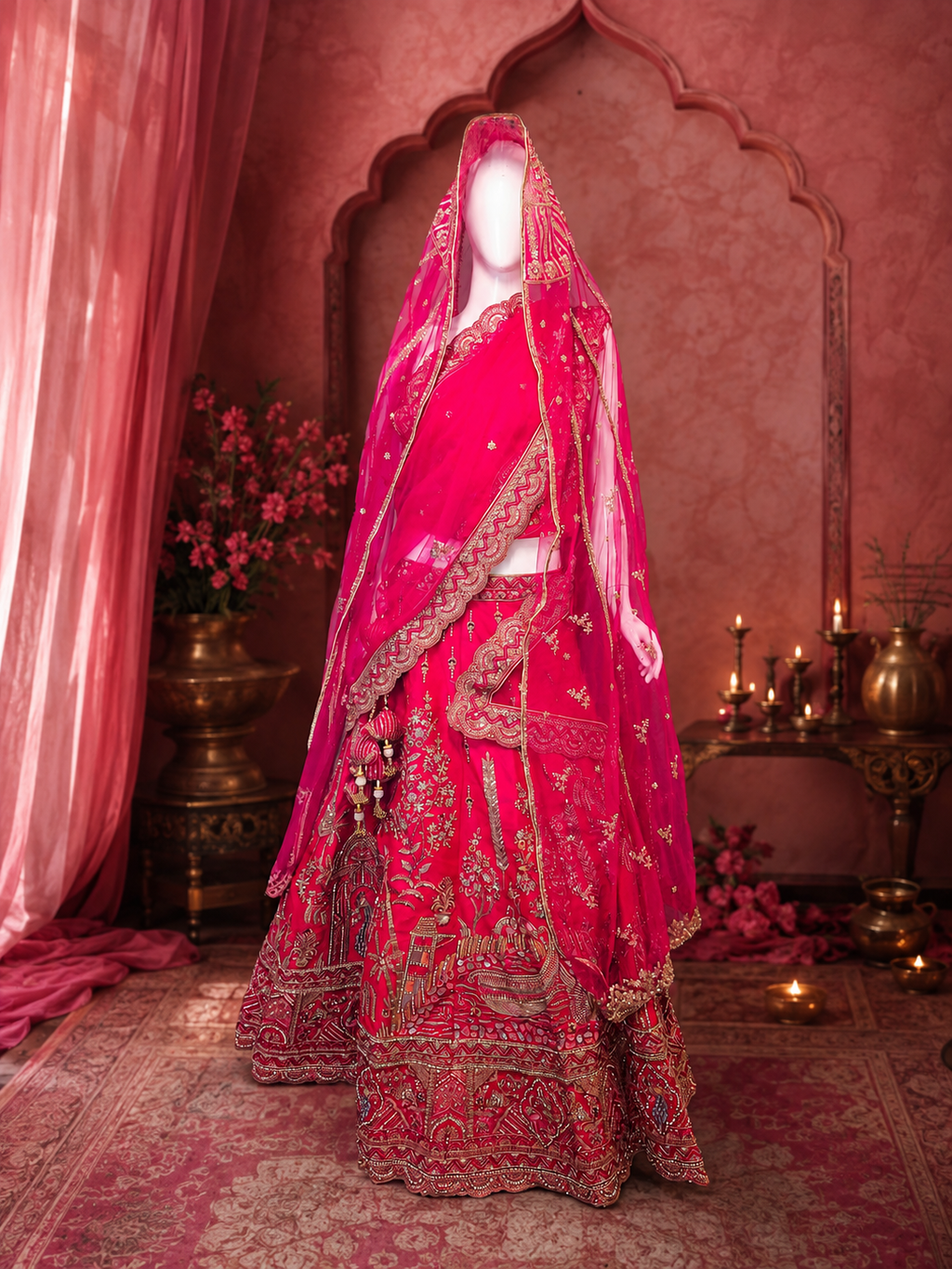 Rani Pink Handloom Silk Bridal Lehenga with Heavy Zardosi & Dabka Work