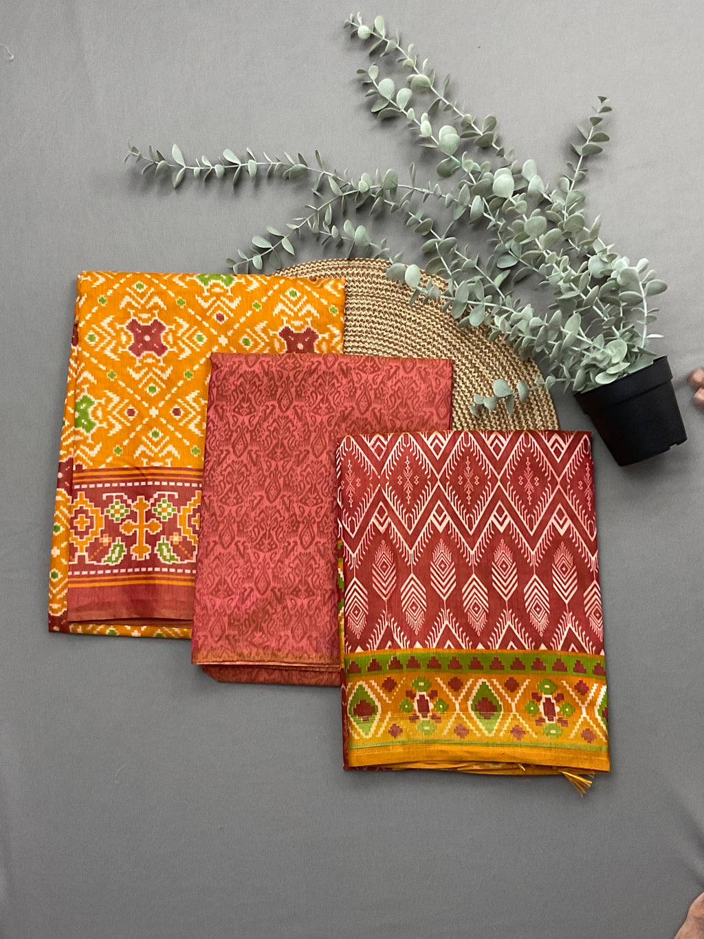 Mustard patola print soft silk dress material with red designer dupatta and bottom - full 3 piece set