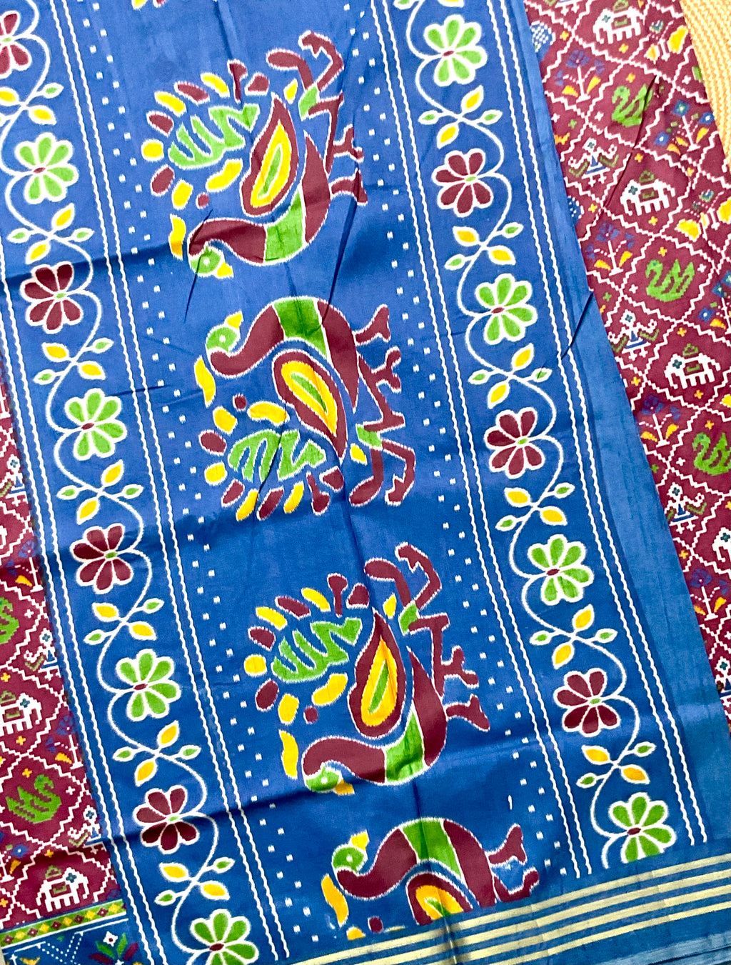 Pochampally Cotton Silk Ikkat Patola Print Saree in Maroon with Designer Blue Pallu