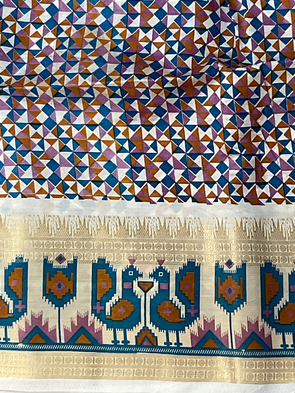 Hand embroidery, off white Pochampalli silk sari with threadwork , butti, and blue work pochampally Pallu with the designer blouse