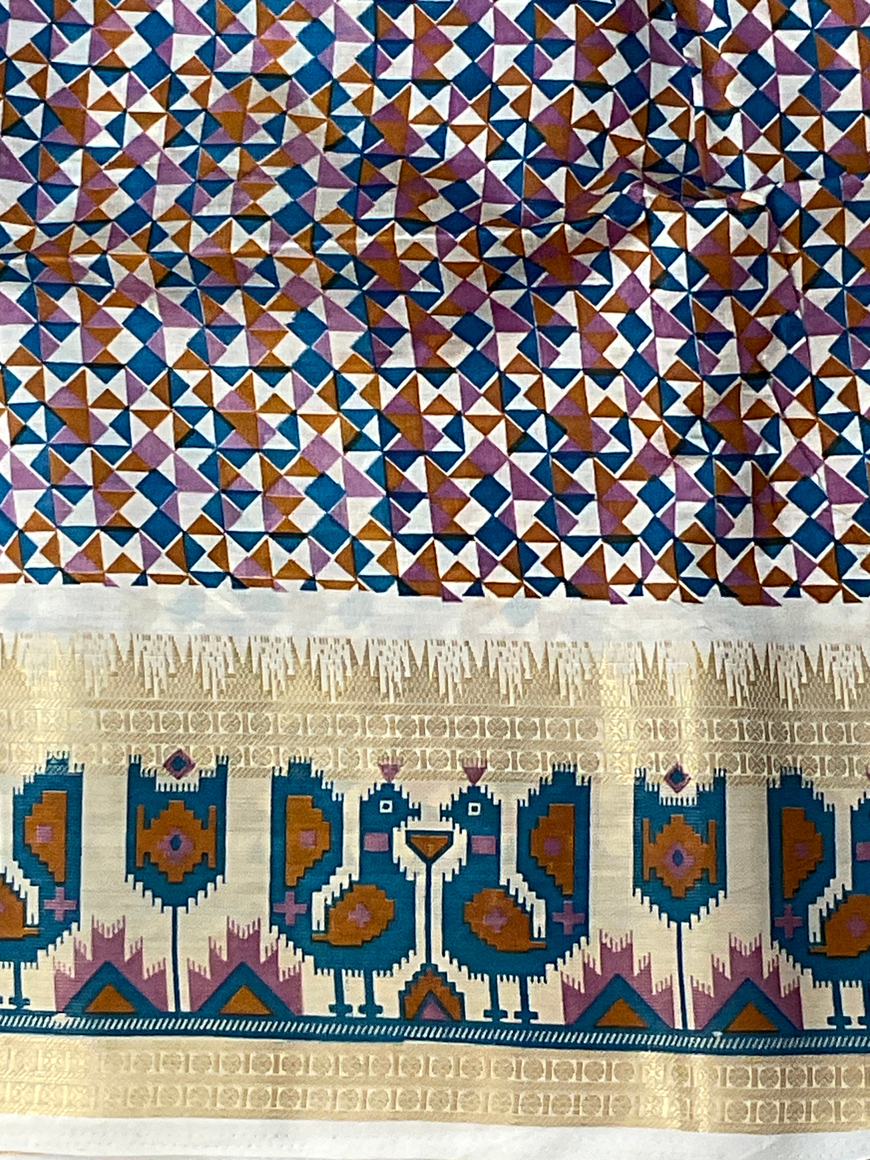 Hand embroidery, off white Pochampalli silk sari with threadwork , butti, and blue work pochampally Pallu with the designer blouse