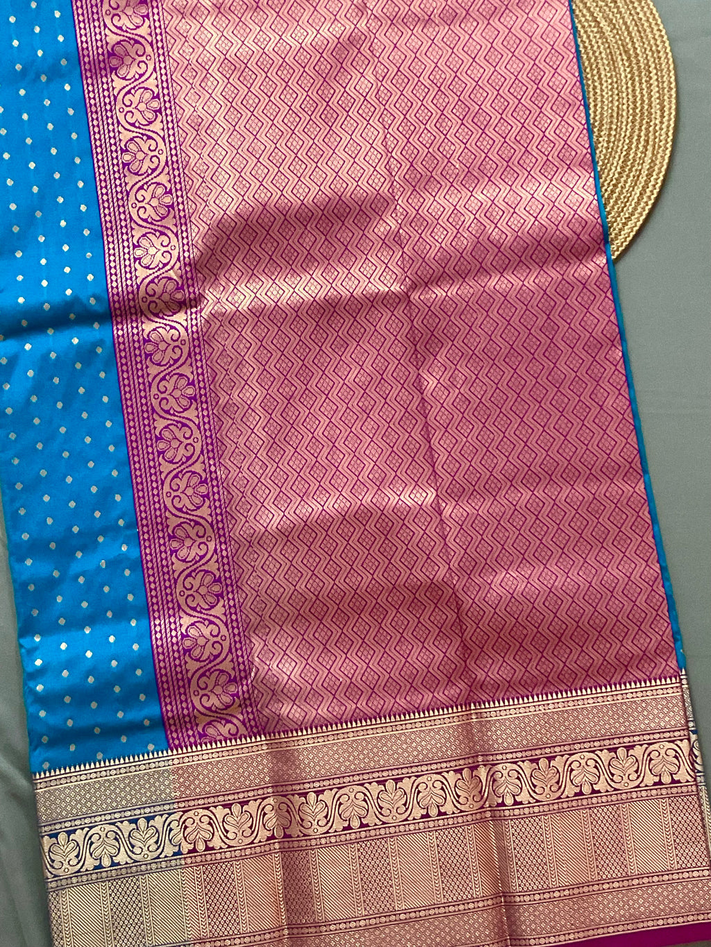 Blue Kanchipuram Silk Saree – Purple Contrast Pallu & Purple Heavy Border with Blouse