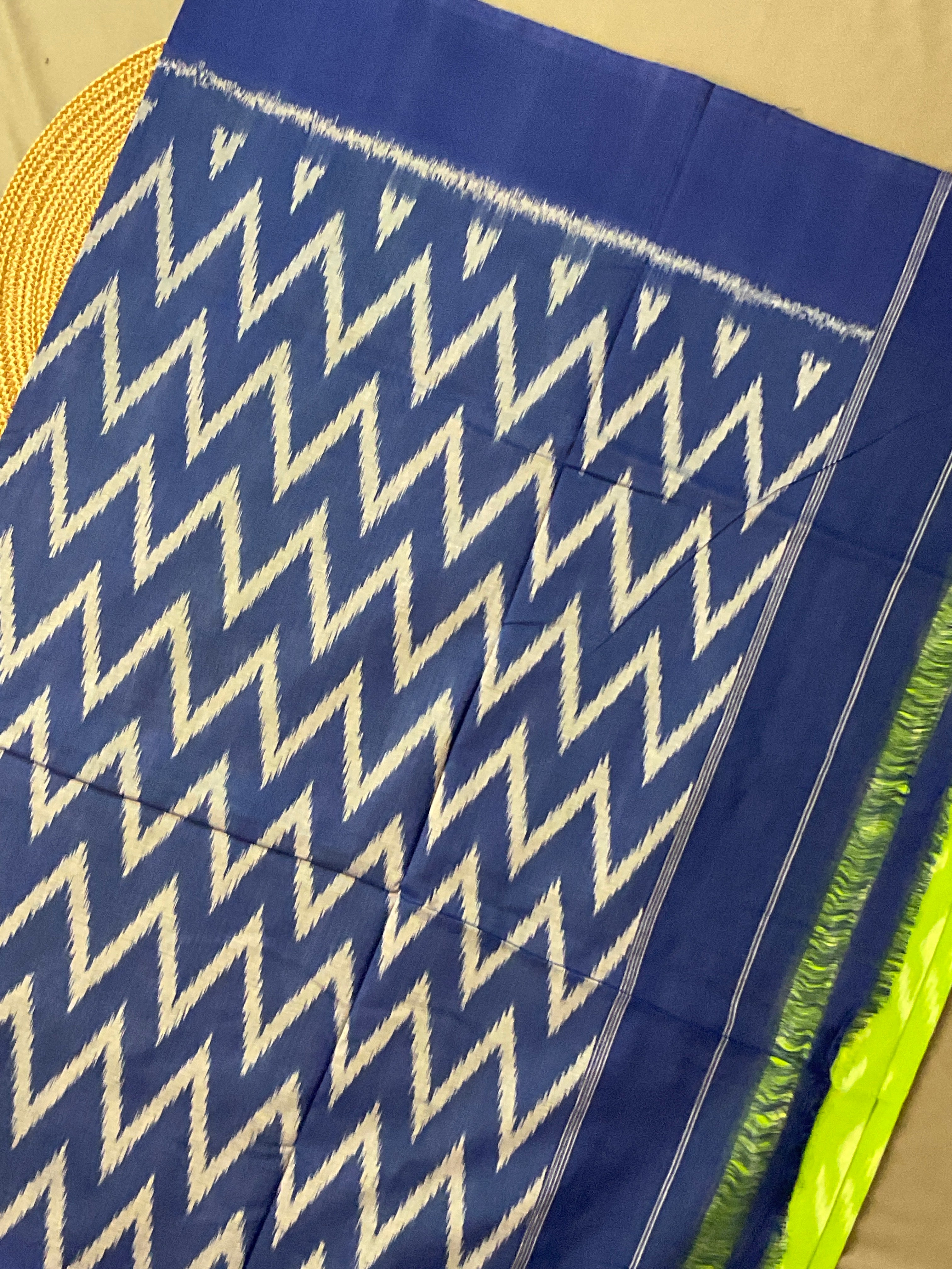 Light Green & Blue Pochampally Ikat Handloom Cotton Saree with Contrast Pallu – Without Blouse