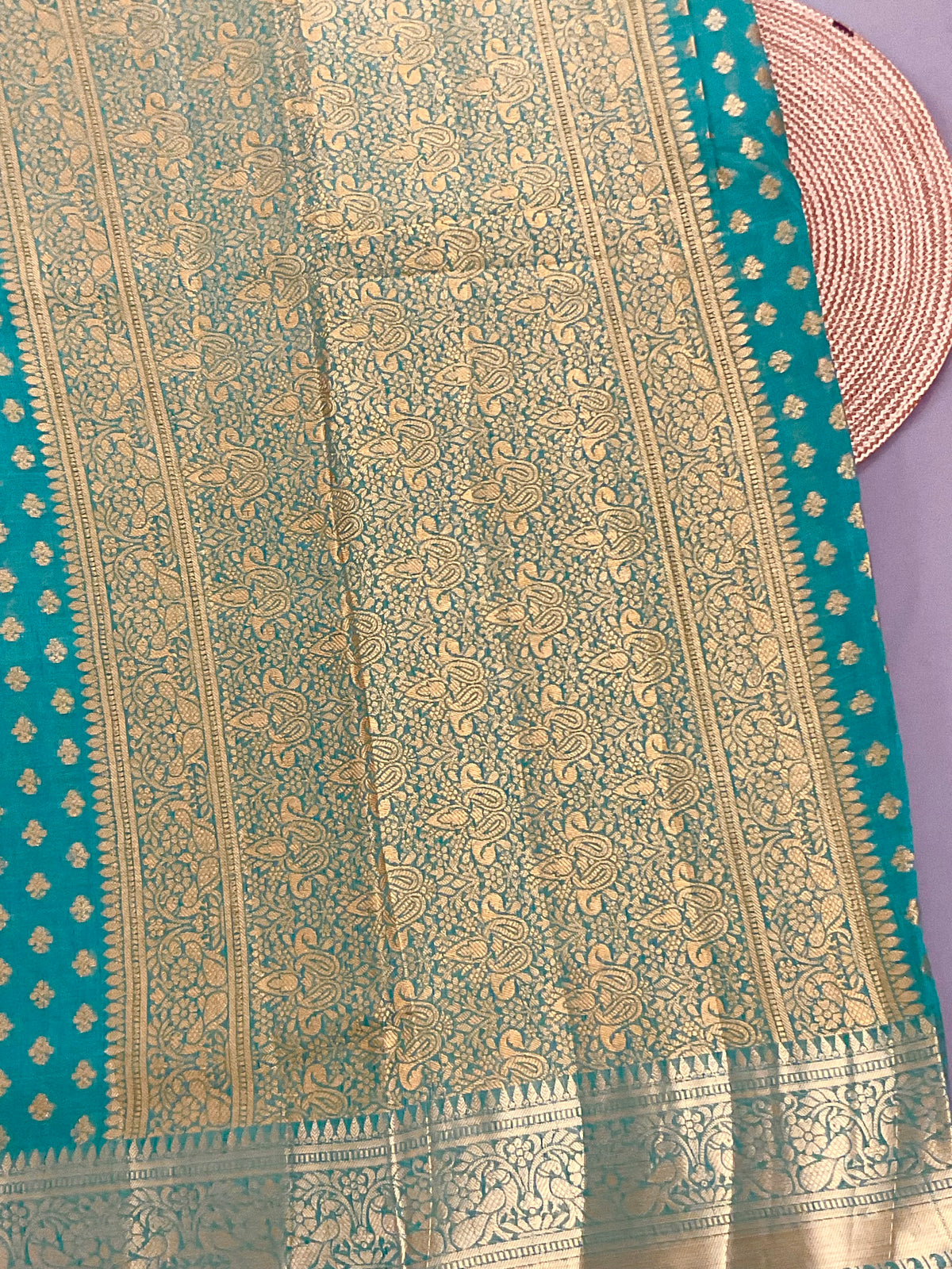 Sea green handloom cotton silk saree with zari butti