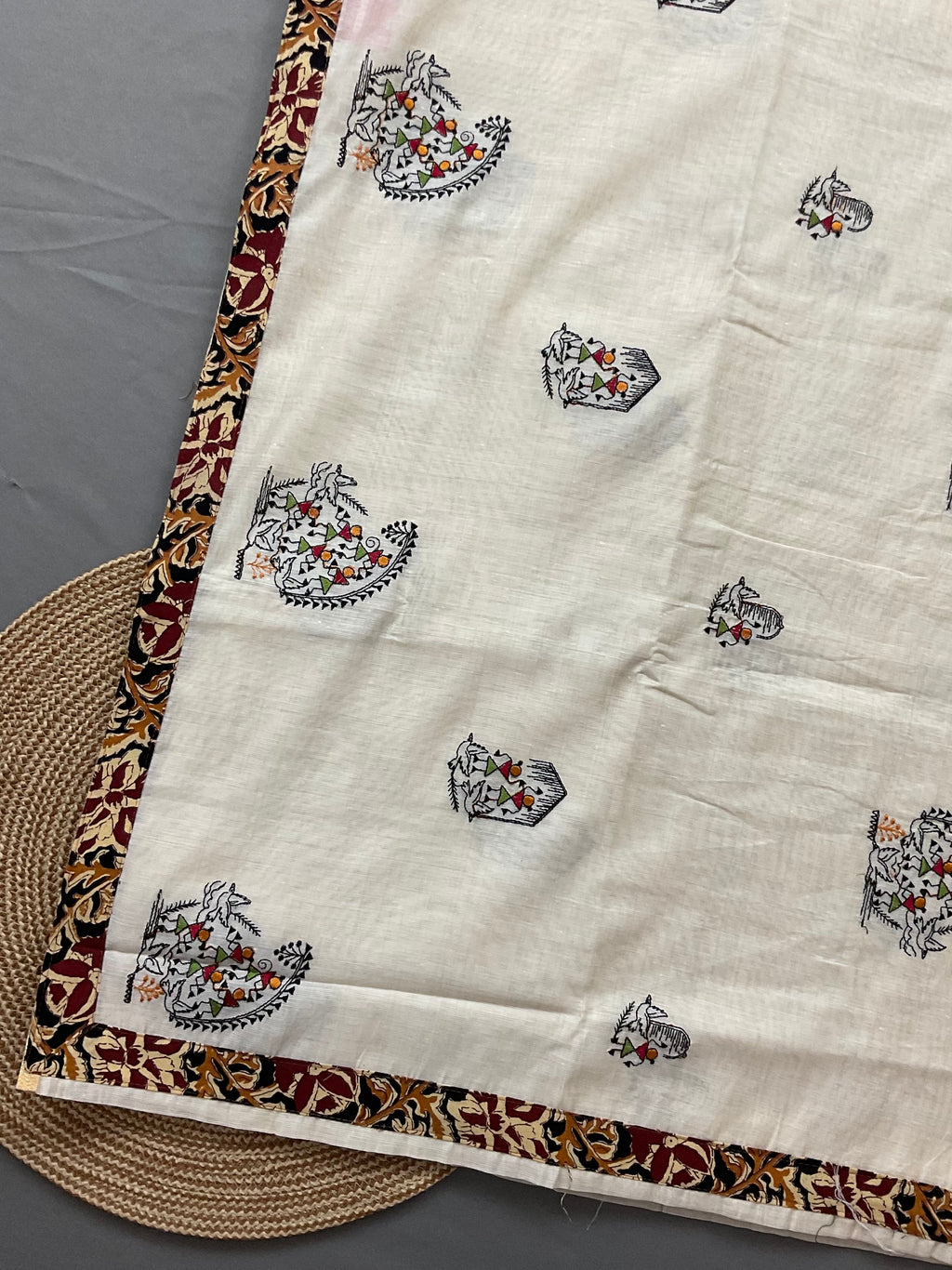 Kalamkari Handwork Cotton Linen Saree in Black with Attached Kalamkari Border, Running Pallu & Designer Blouse