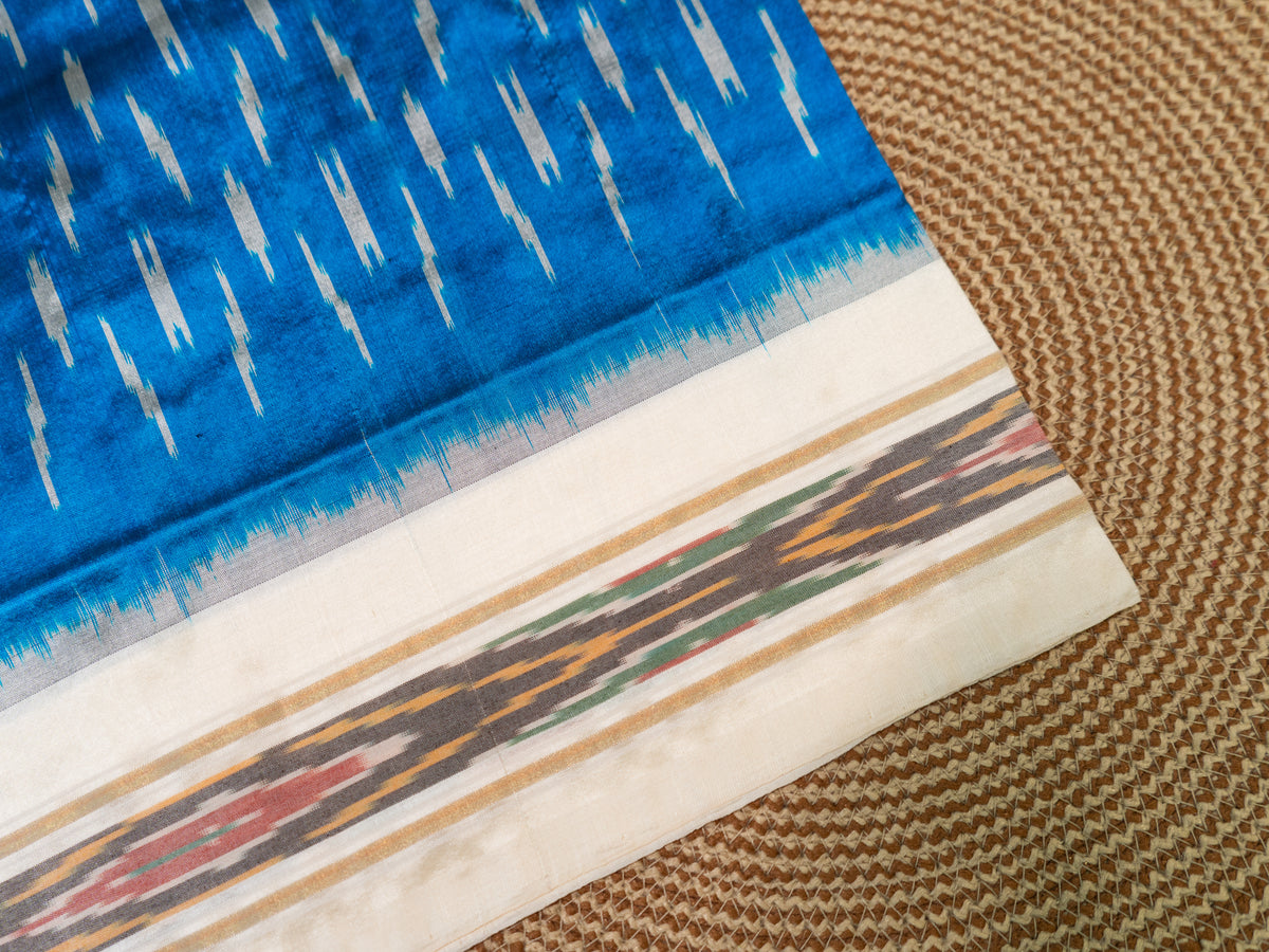 Royal Blue Pochampally Single Ikat Silk Saree — White Patola Border & Pallu (Without Blouse)