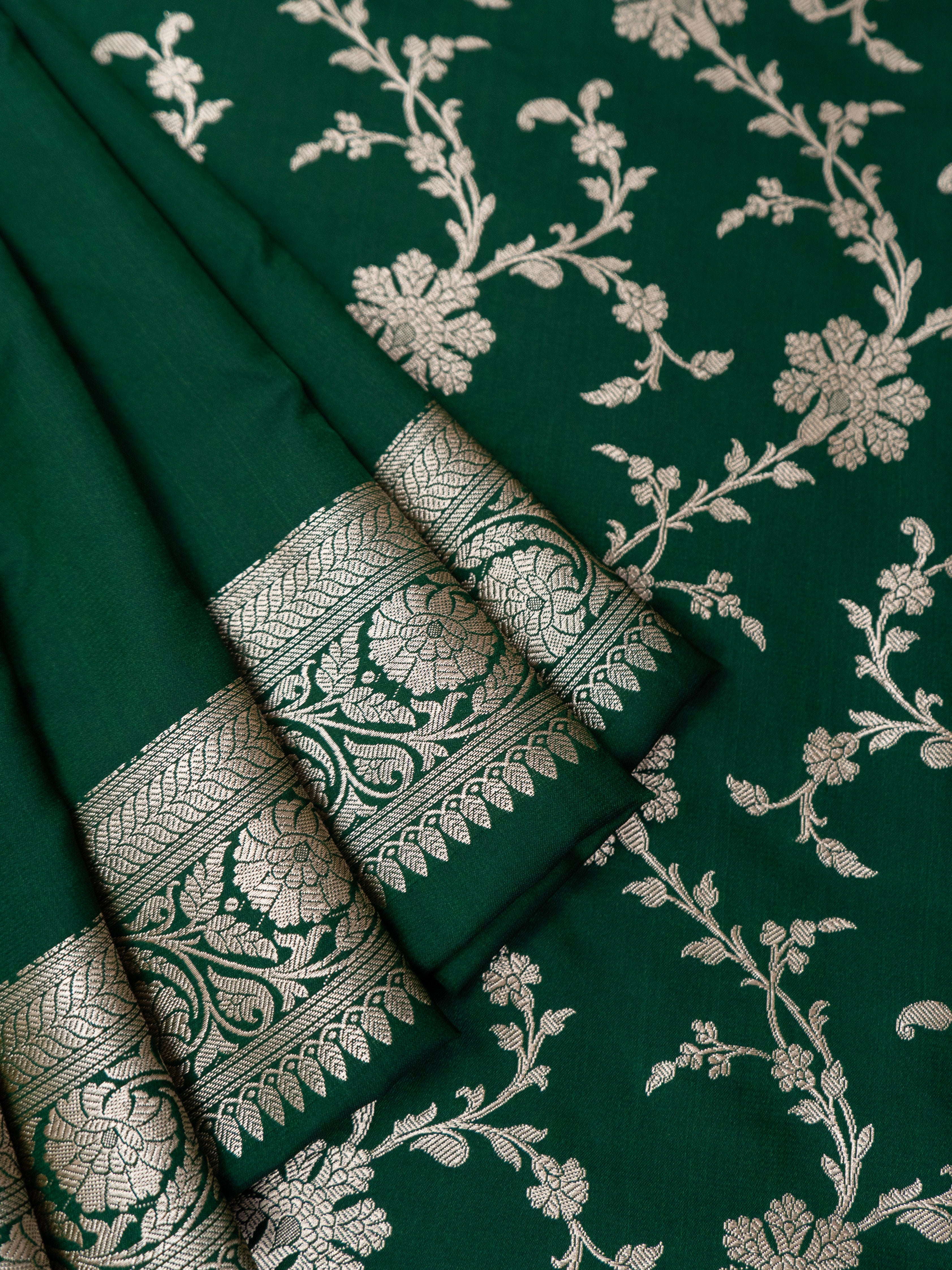 Pure Banarasi Katan Silk Saree in Deep Bottle Green with Multicolor Floral Zari & Grand Zari Pallu