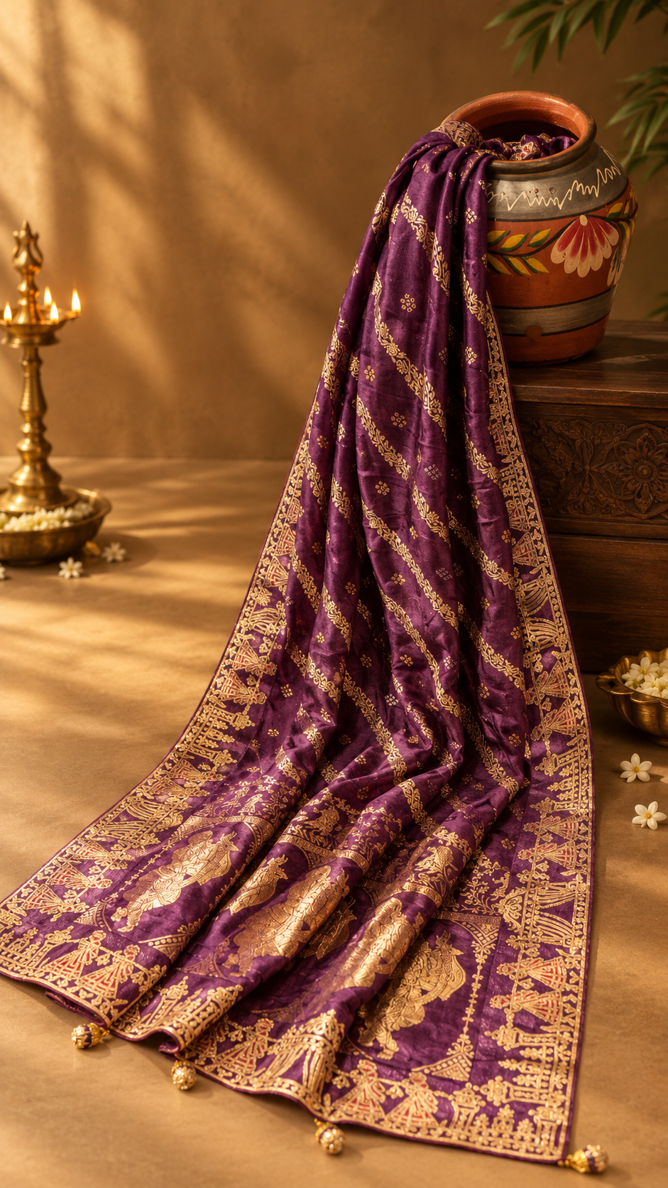 Deep Purple Pure Handloom Silk Saree – Bandhej Weave, Rajwada Pallu & Heavy Embroidered Border
