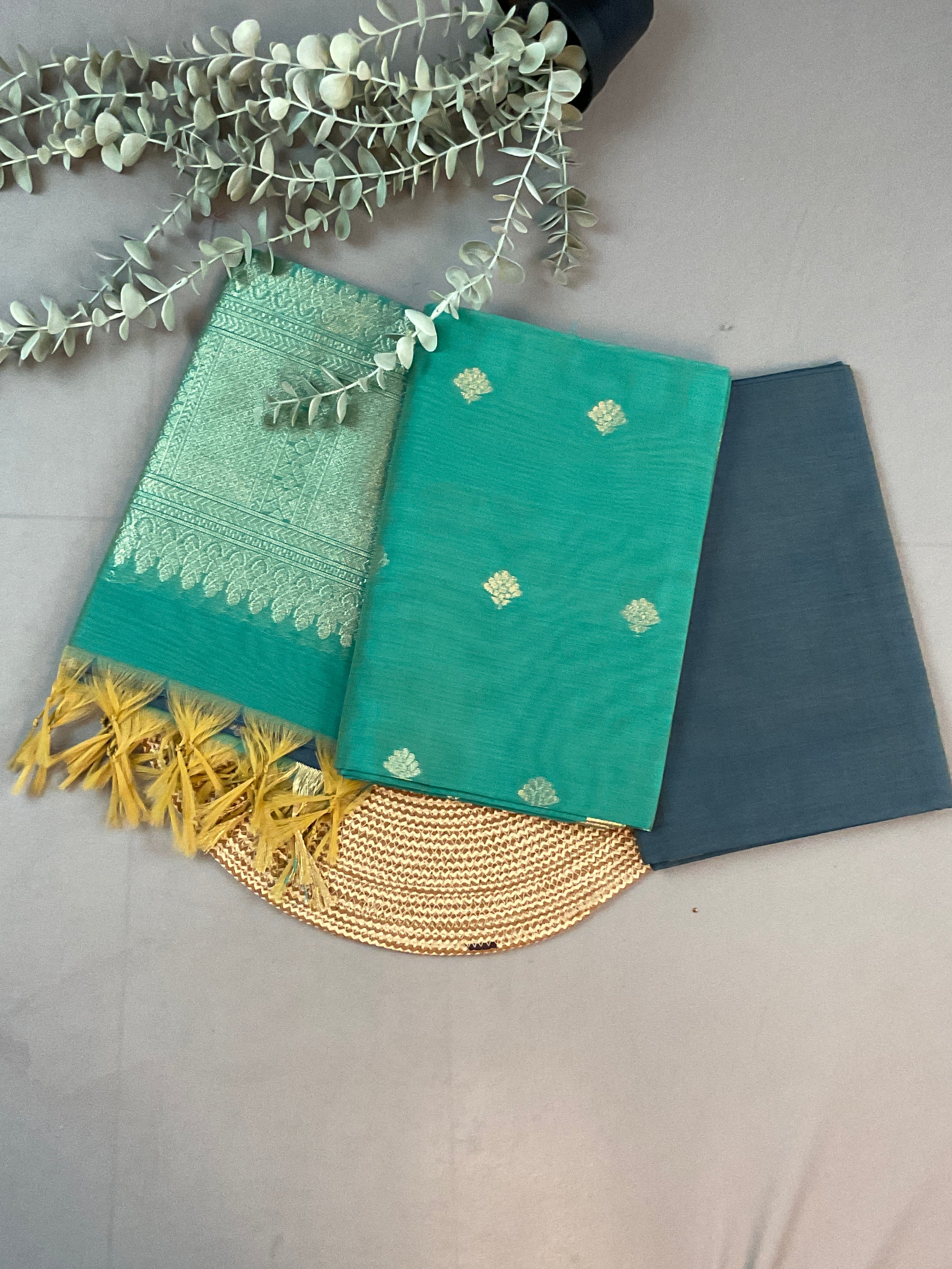 Green Pochampally Zari Dress Material