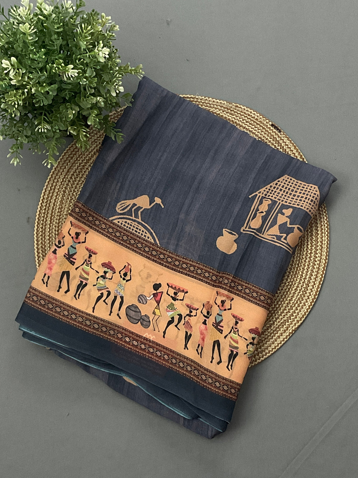 Grey Kalamkari Vareli printed georgette saree with printed border and designer pallu