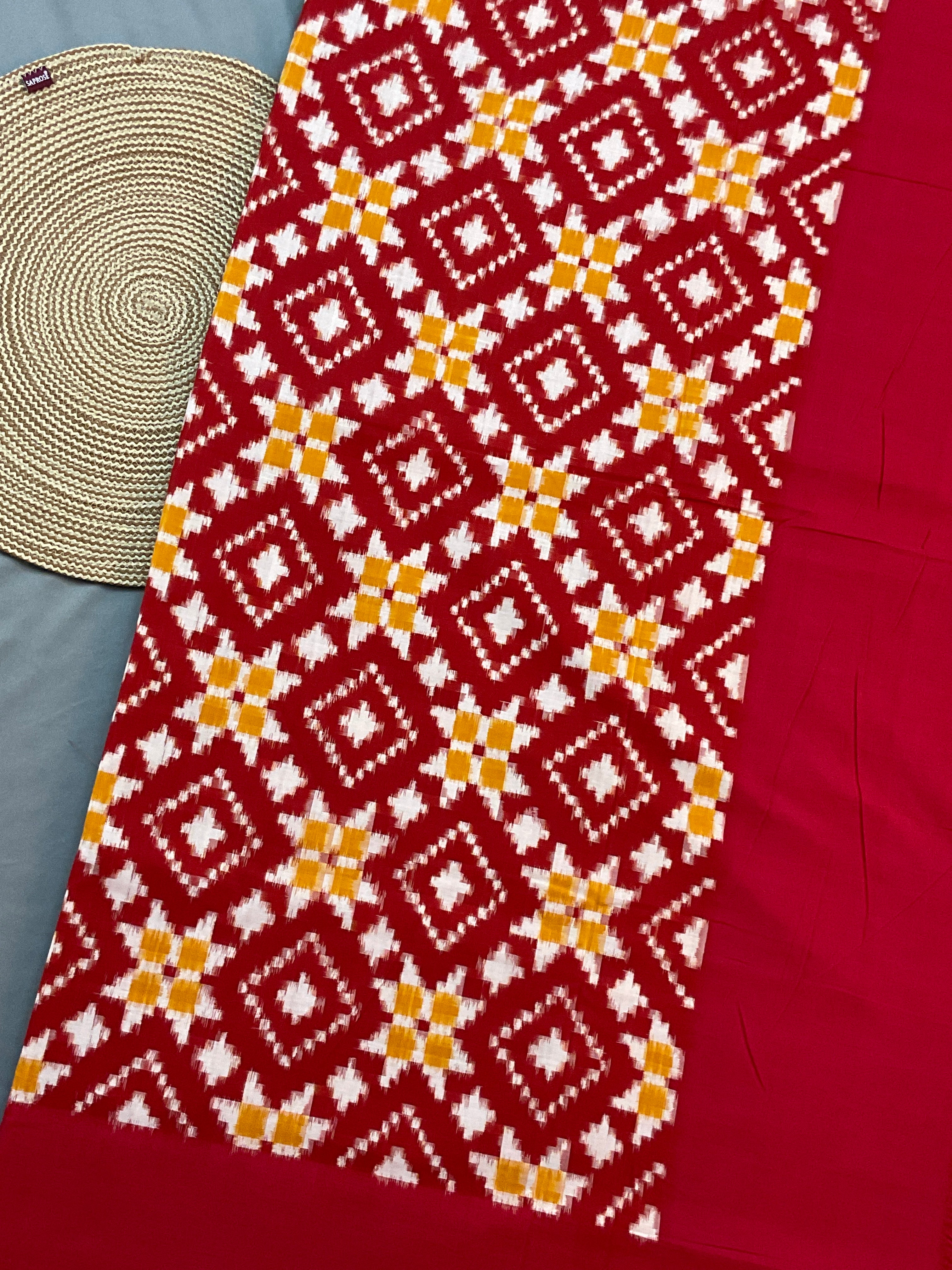 Pochampally Mercerised Handloom Cotton Saree with Designer Red Pallu & Blouse