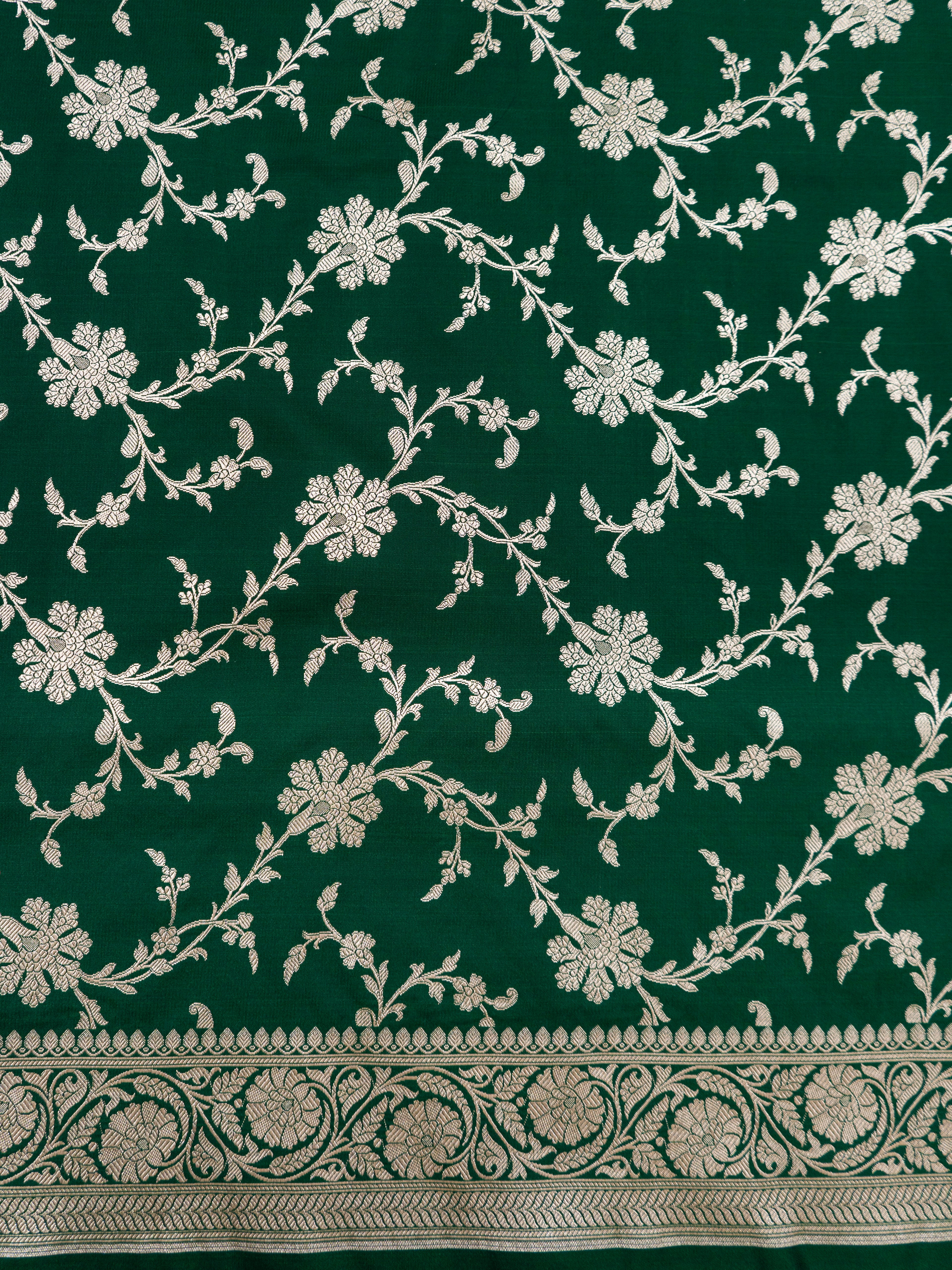 Pure Banarasi Katan Silk Saree in Deep Bottle Green with Multicolor Floral Zari & Grand Zari Pallu
