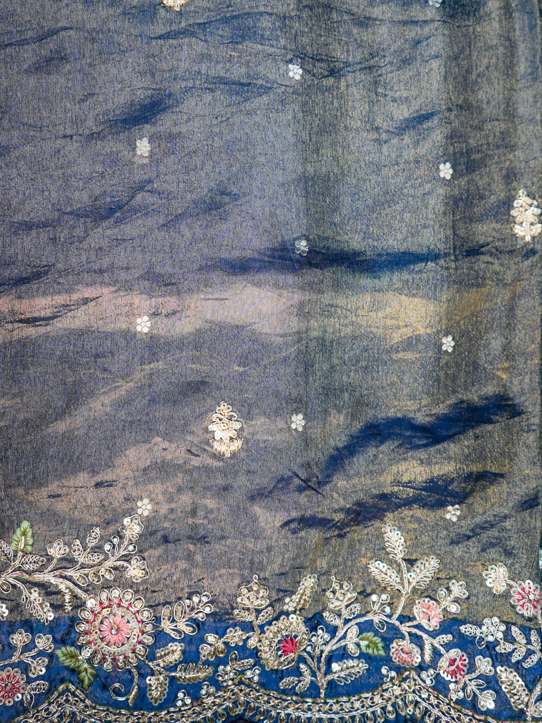 Royal Blue Pure Tissue Silk Saree – Heavy Floral Embroidery Designer Saree