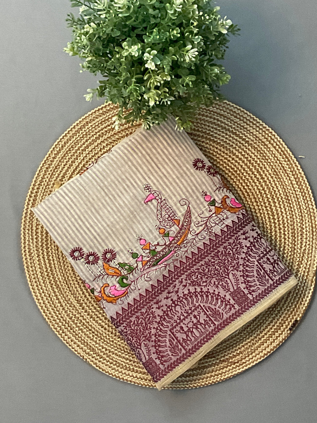 Kalamkari Hand Embroidery Cotton-Linen Saree – Off-White with Maroon Vareli Embroidery & Blouse