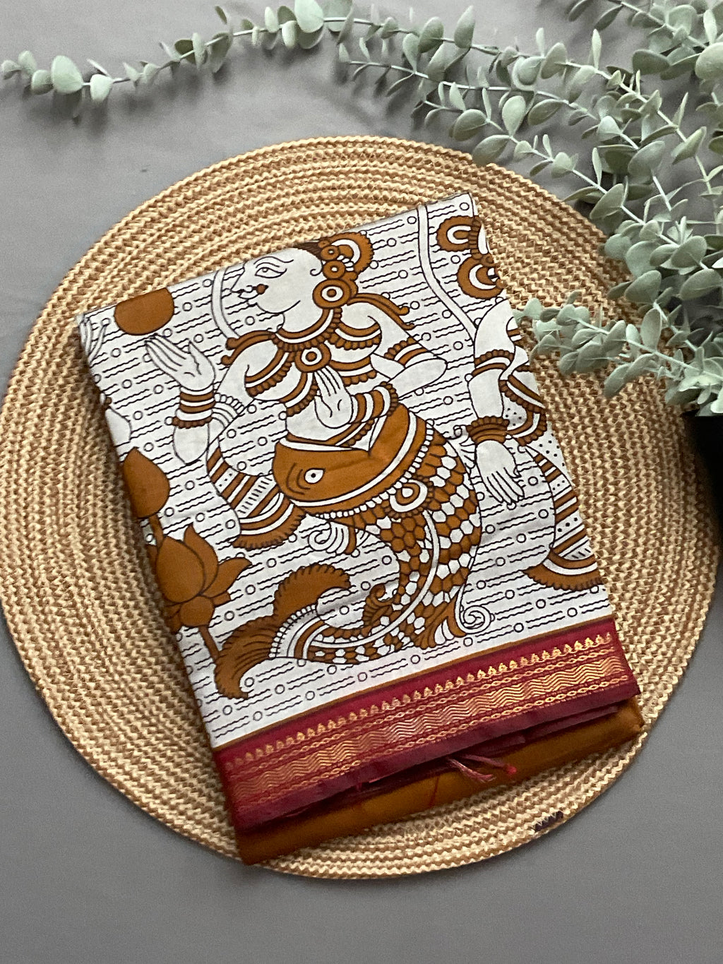 Pedana Kalamkari Hand-Block Soft Silk Saree in Deep Mustard with Red Designer Pallu & Gold Border