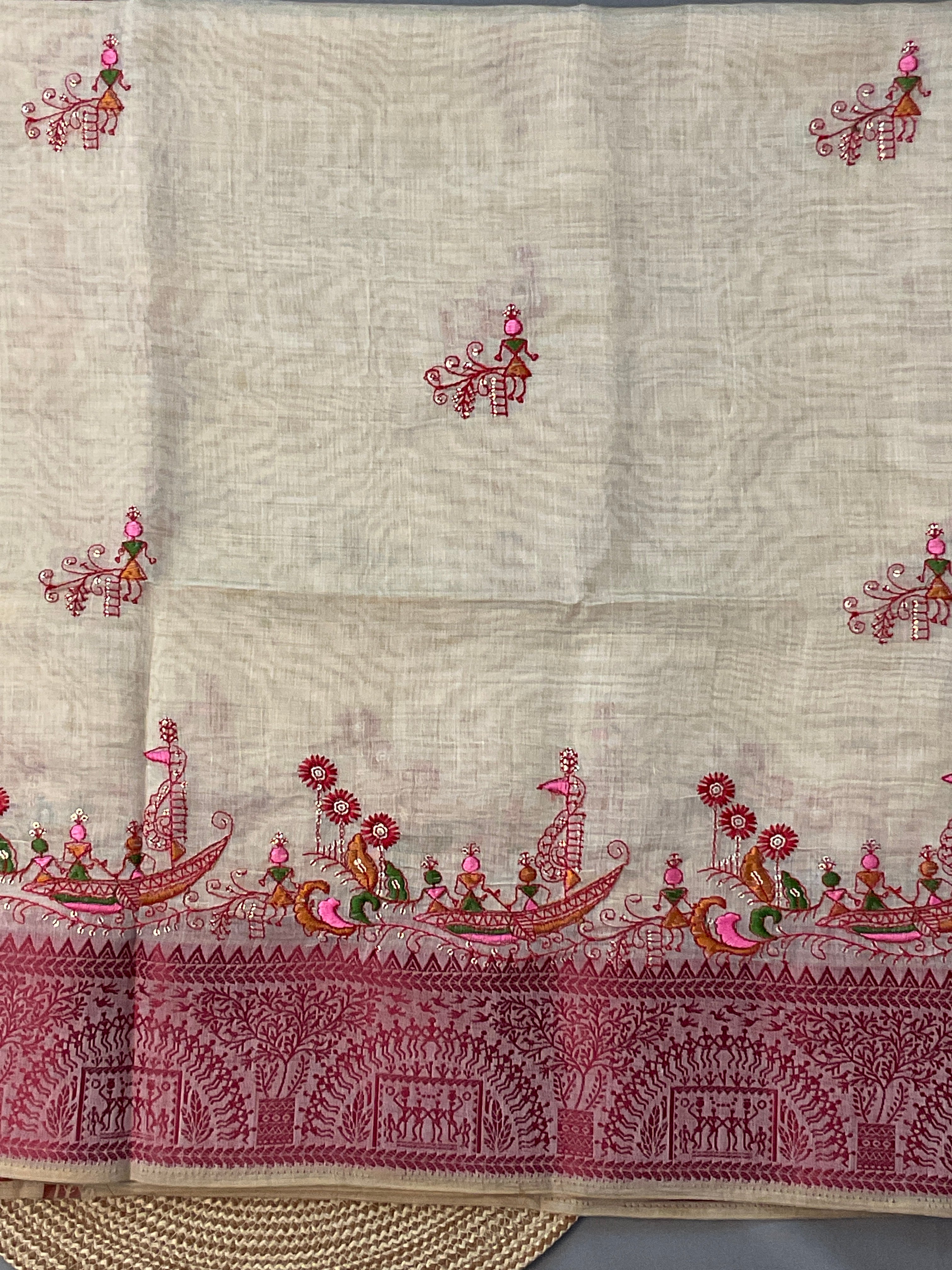 Kalamkari Hand Embroidery Cotton-Linen Saree – Off-White with Red Vareli Embroidery & Blouse