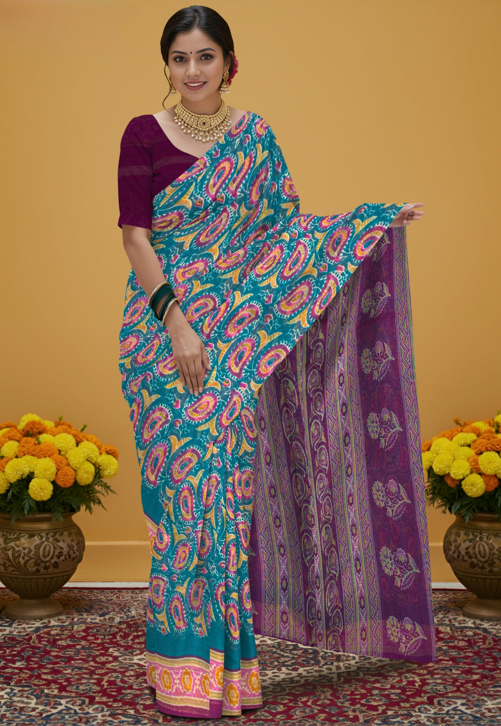 Kalamkari indo cotton saree  print pallu