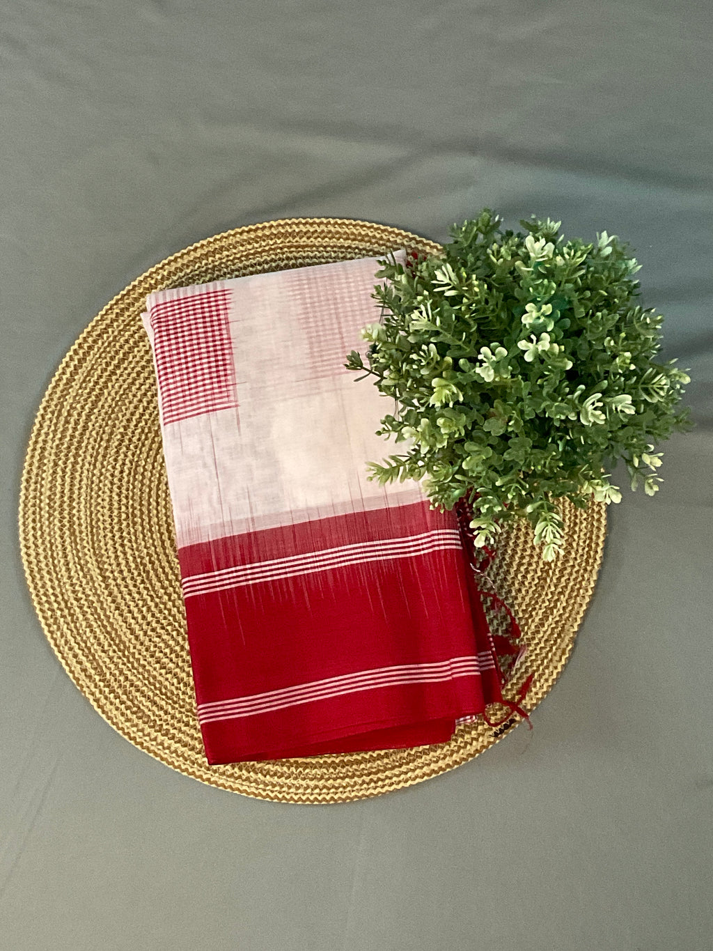 White Pochampally Ikat Cotton Saree with Red Border & Blouse