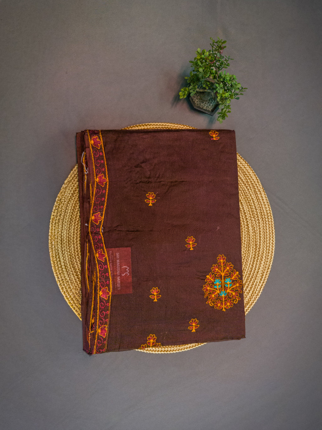 Deep Brown Hand-Embroidered Mul Cotton Saree