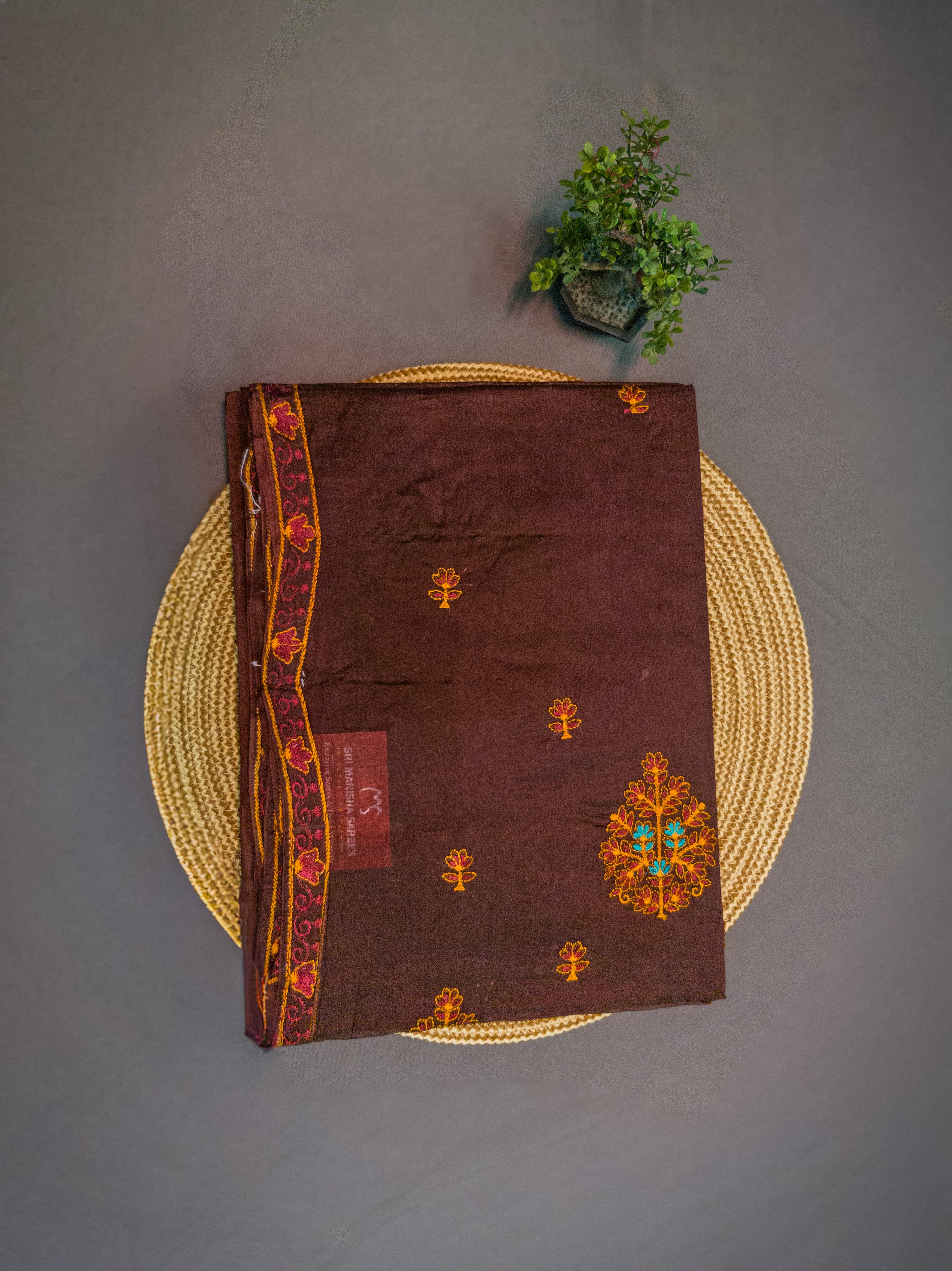 Deep Brown Hand-Embroidered Mul Cotton Saree