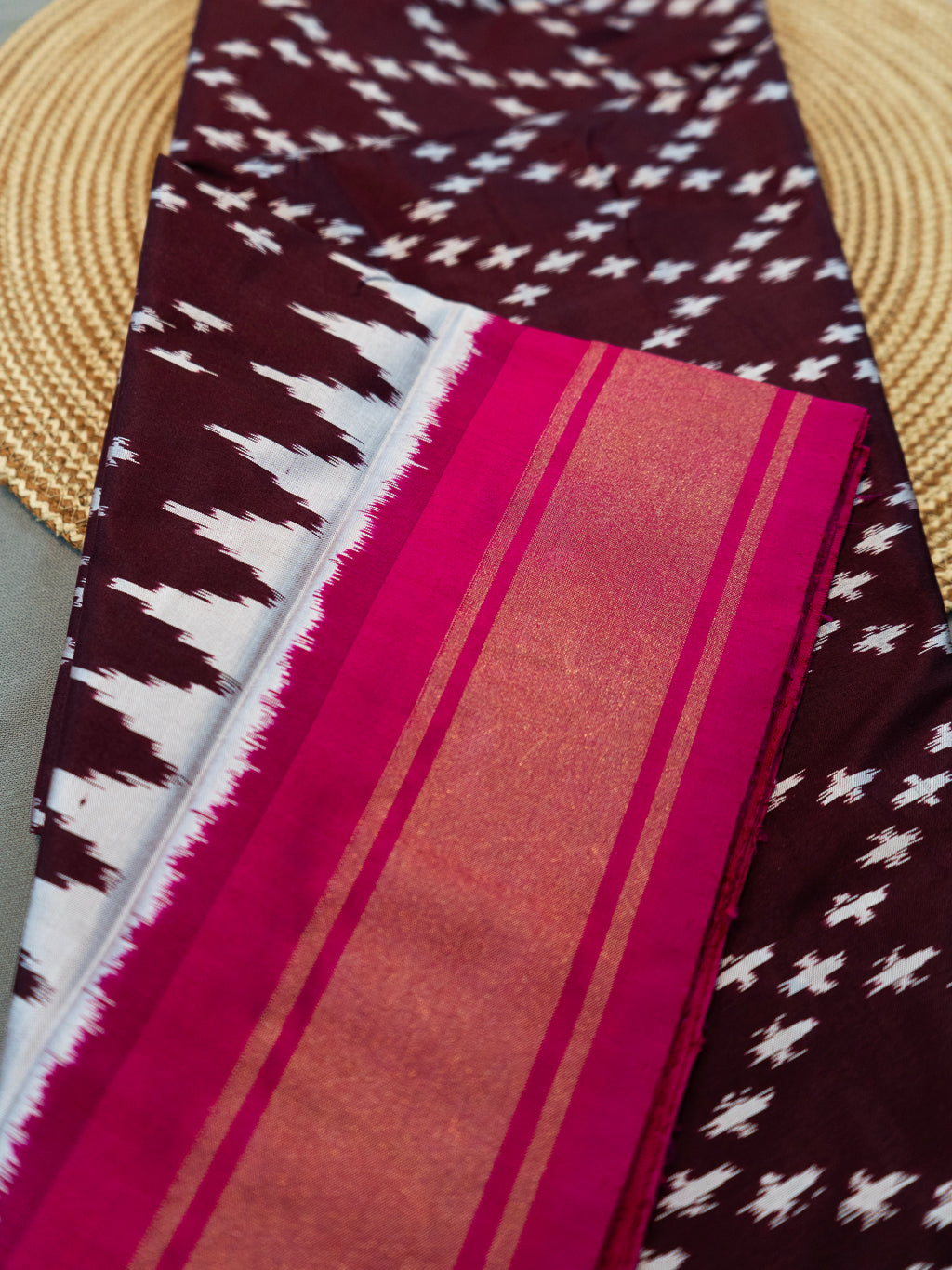 Pure Pochampally Silk Saree in Brown with Ikat Weaving & Contrast Pink Pallu