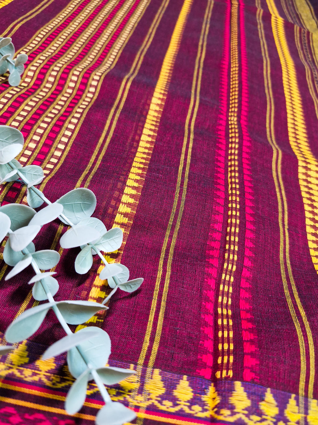 Brown Purple Pochampally Cotton Saree with Pink weaved Border
