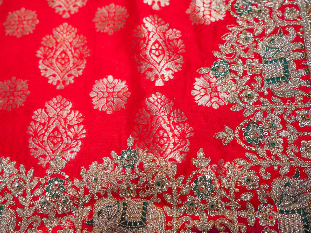 Red Bridal Pure Silk Saree – Bandhani Zari Weave with Heavy Elephant Embroidery & Designer Blouse