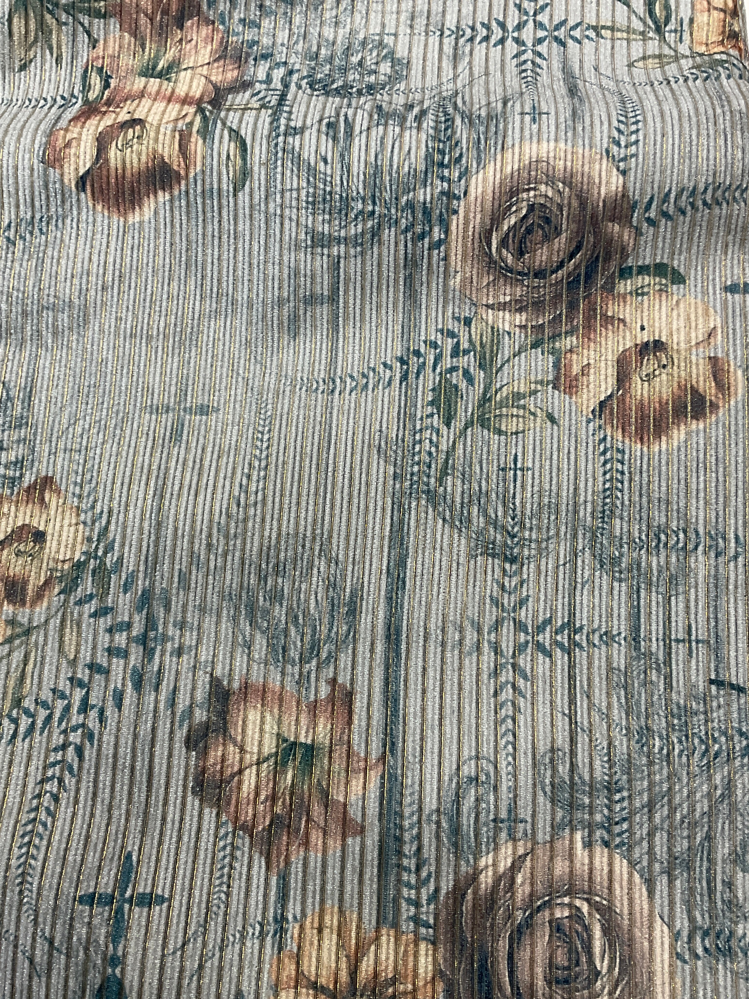 Blue Floral Gold Stripe Silk Fabric