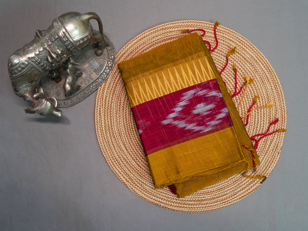 Mustard Pochampally Ikat Cotton Saree with Magenta Pallu