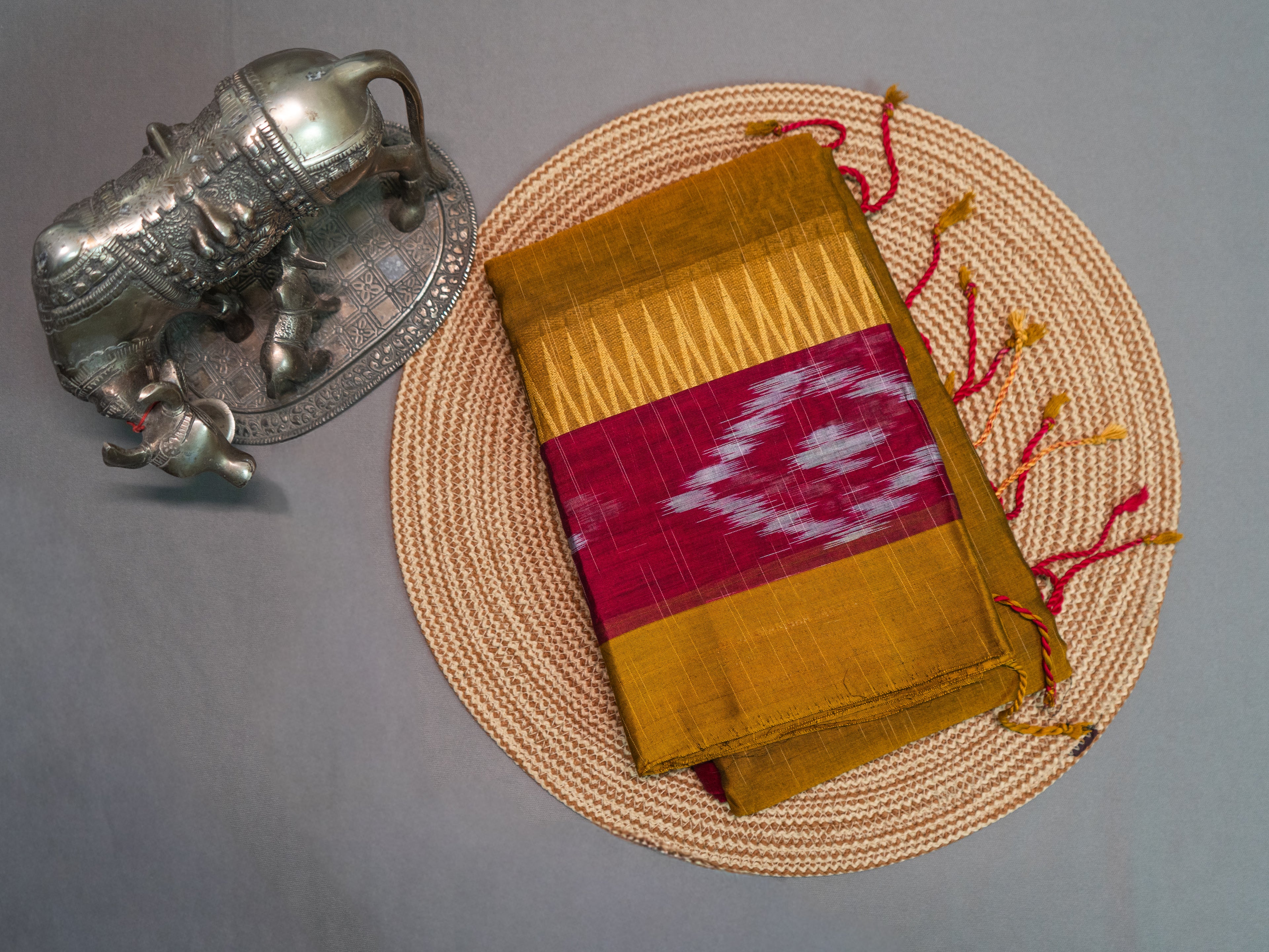 Mustard Pochampally Ikat Cotton Saree with Magenta Pallu