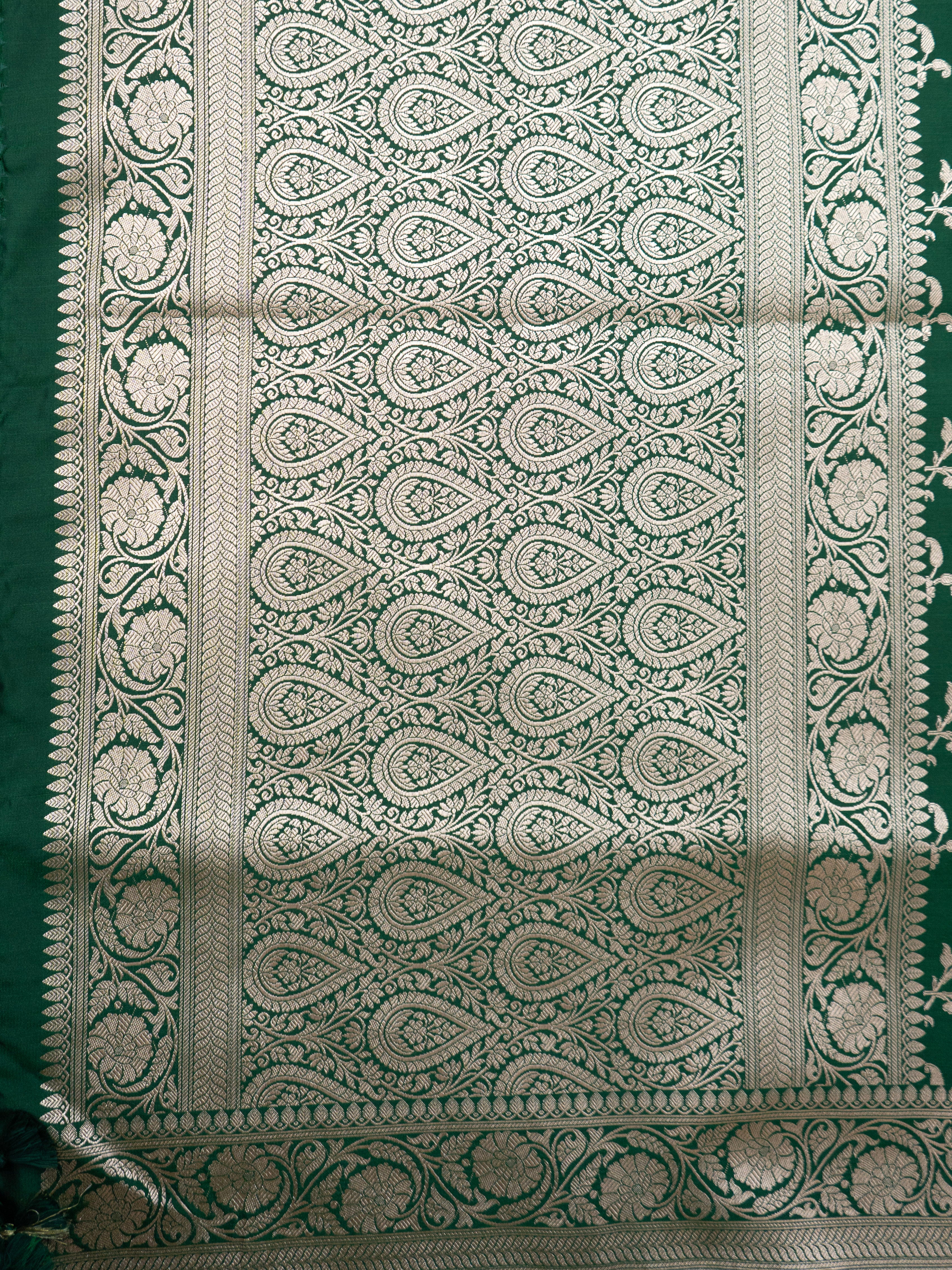 Pure Banarasi Katan Silk Saree in Deep Bottle Green with Multicolor Floral Zari & Grand Zari Pallu