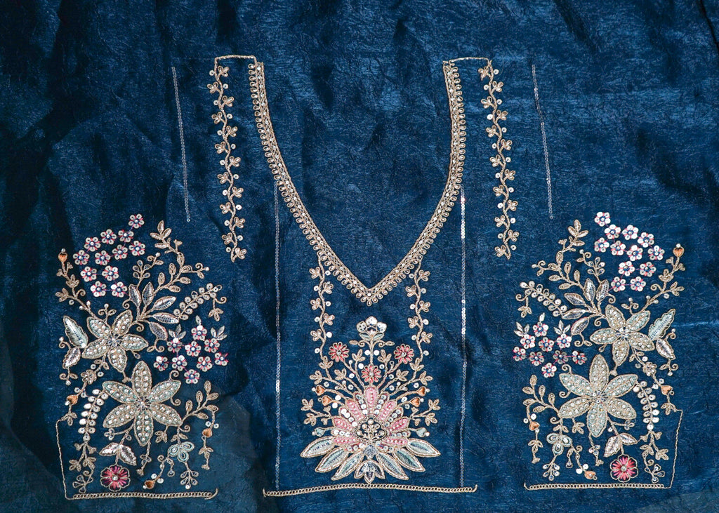 Midnight Navy Handloom Silk Bridal Lehenga with Sky Blue Organza Dupatta