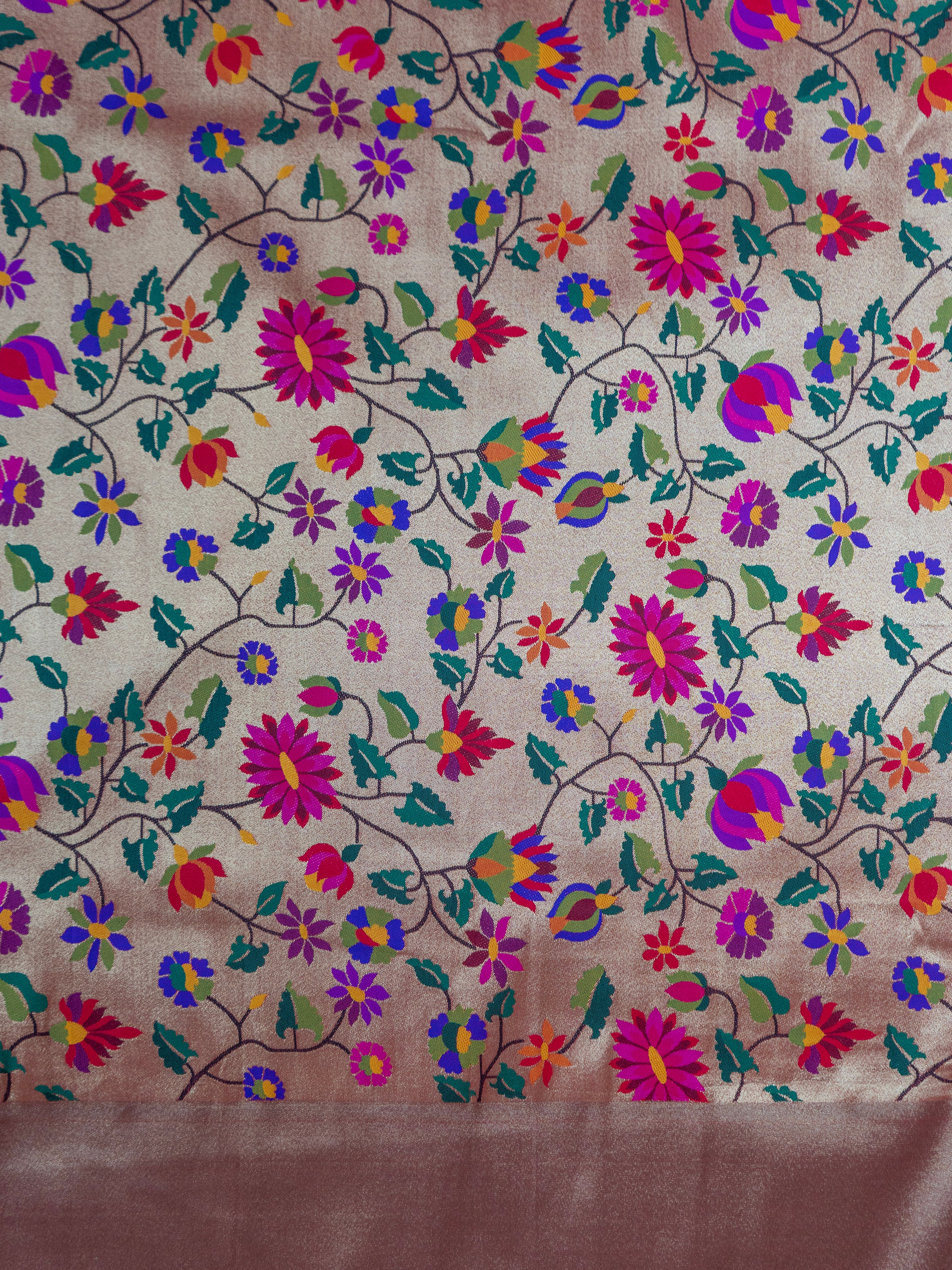 Pure Maharashtrian Patni Silk Saree in Pink with Floral Print & Silver Zari Pallu