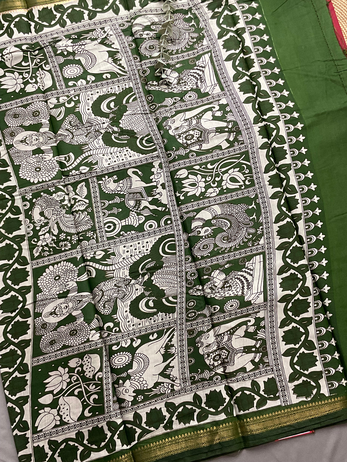 Pedana Kalamkari Hand-Block Soft Silk Saree in Deep Red with Green Designer Pallu & Gold Border