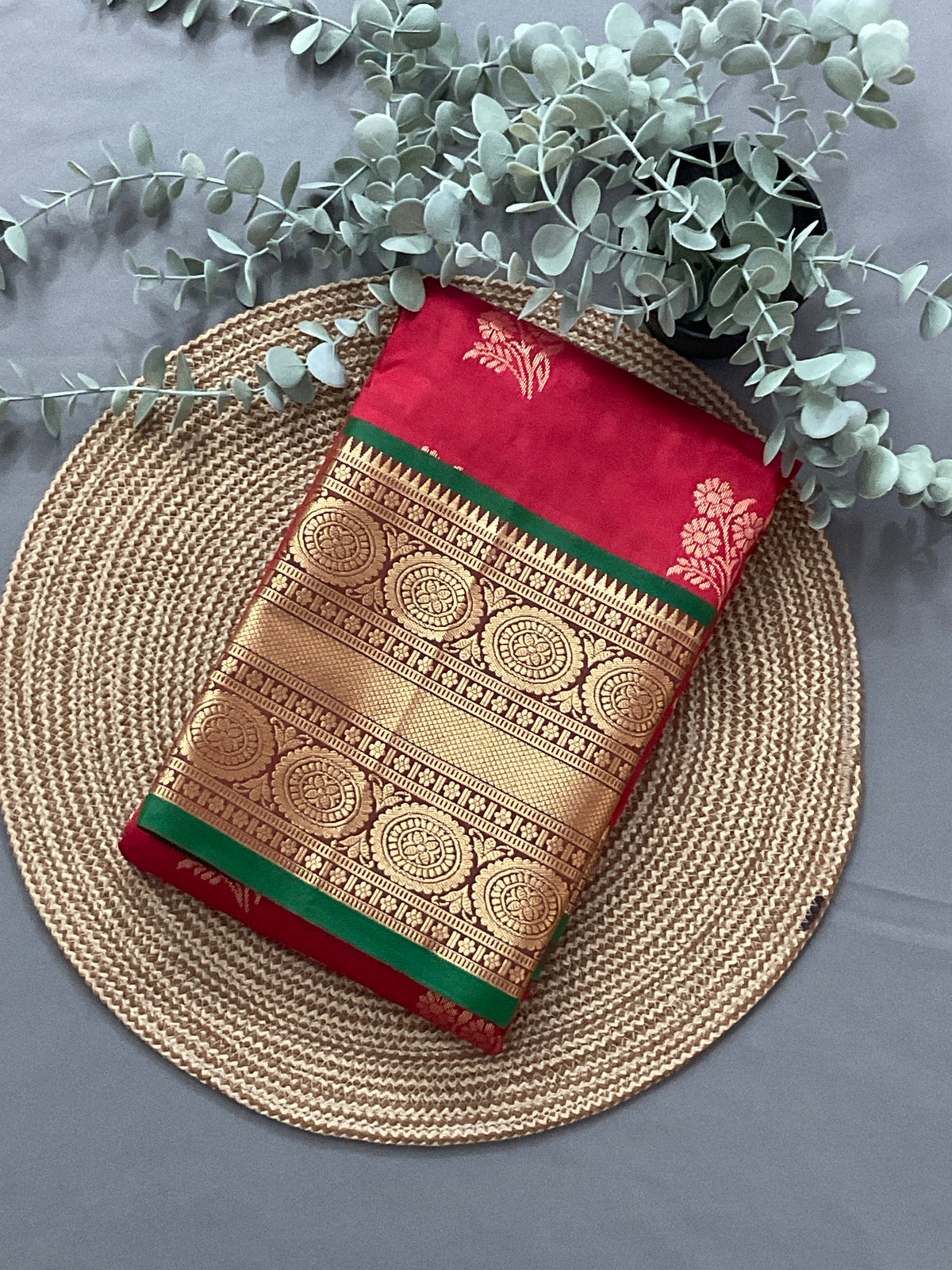 Red Kanchipuram Silk Saree – Green Contrast Pallu & Green Heavy Border with Blouse