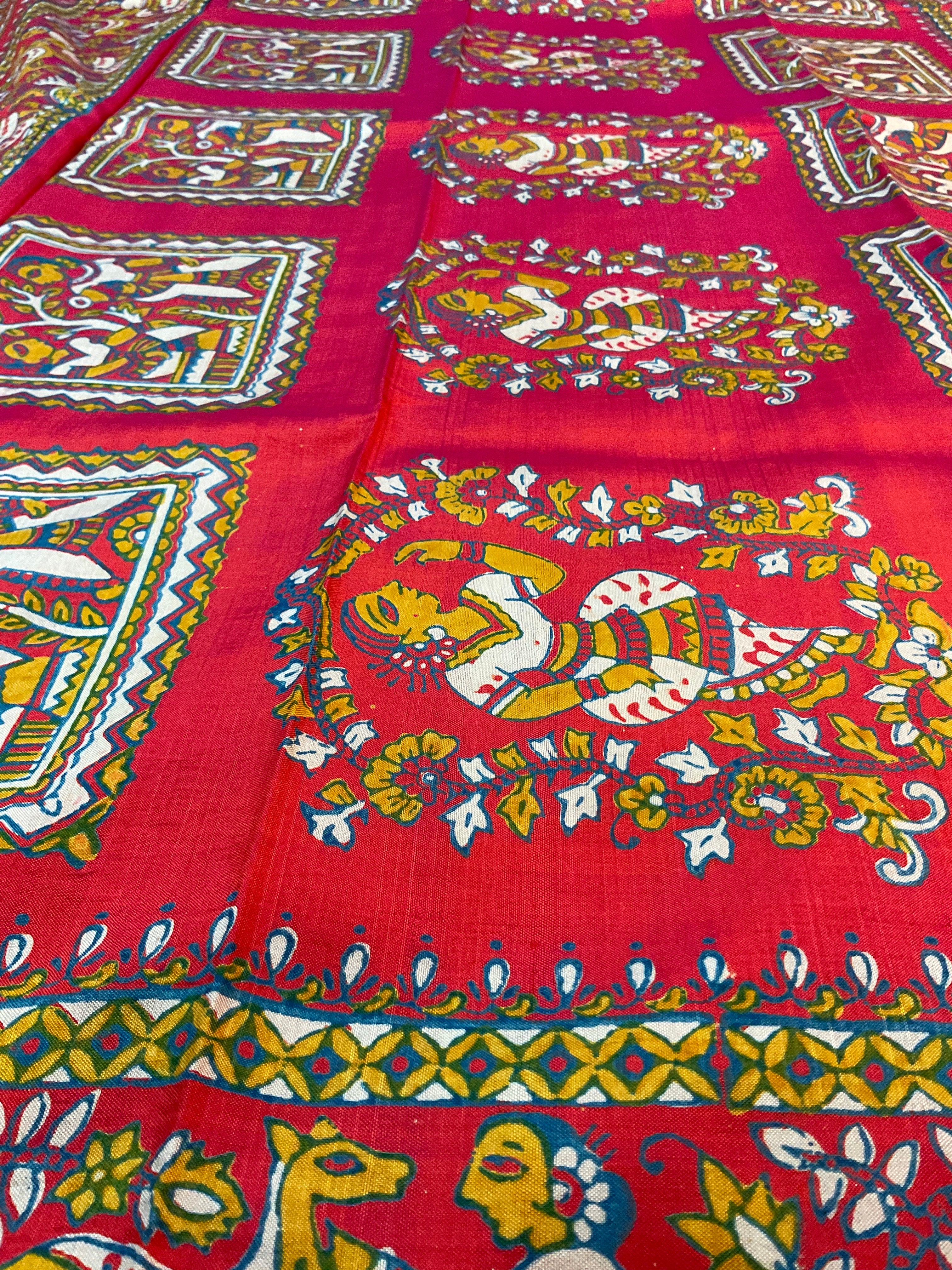 Kalamkari Hand Block Printed Pure Silk Saree in Red with Designer Pallu & Blouse