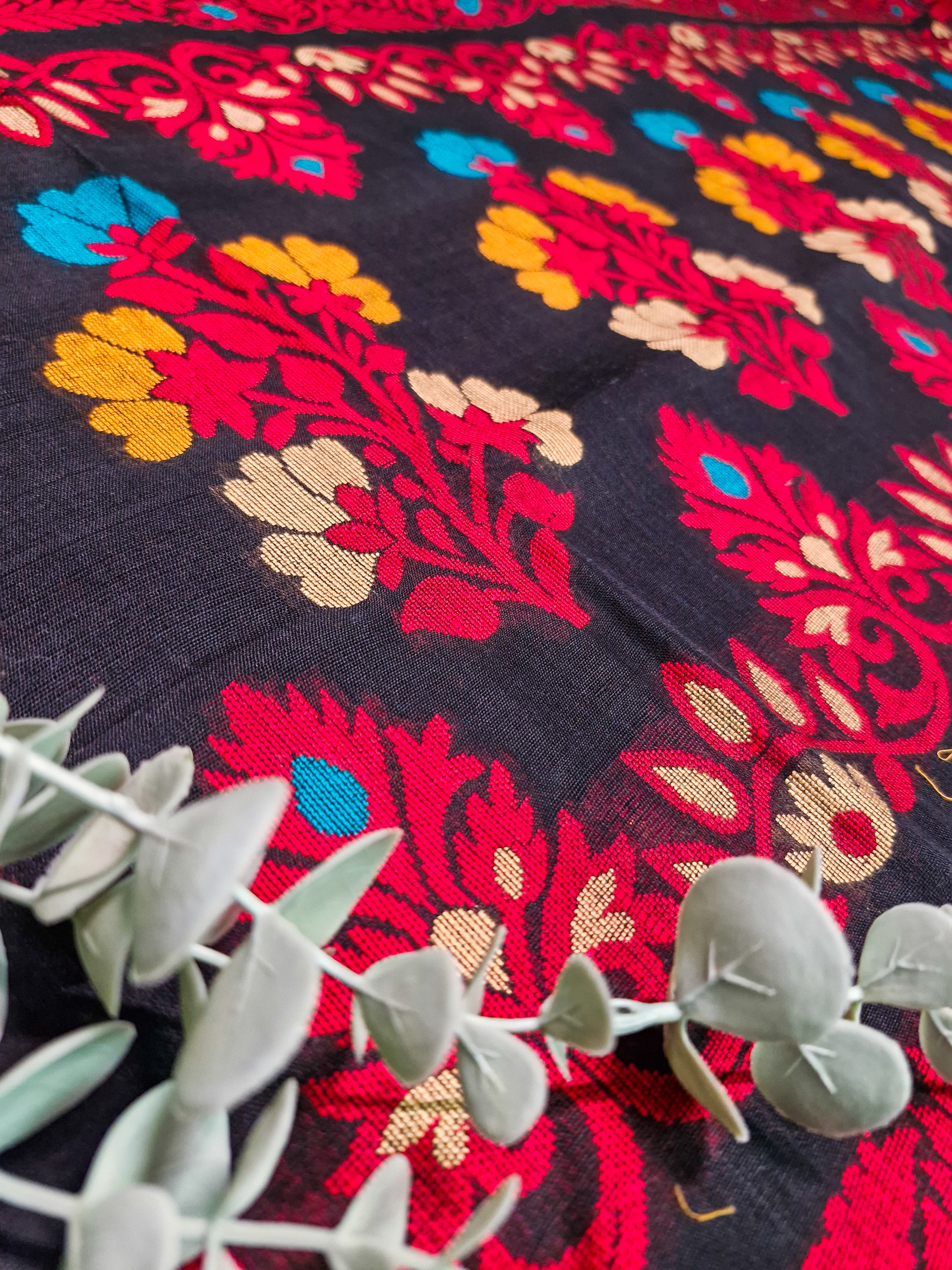 Black Pochampally Ikat Cotton Saree with Floral Pallu