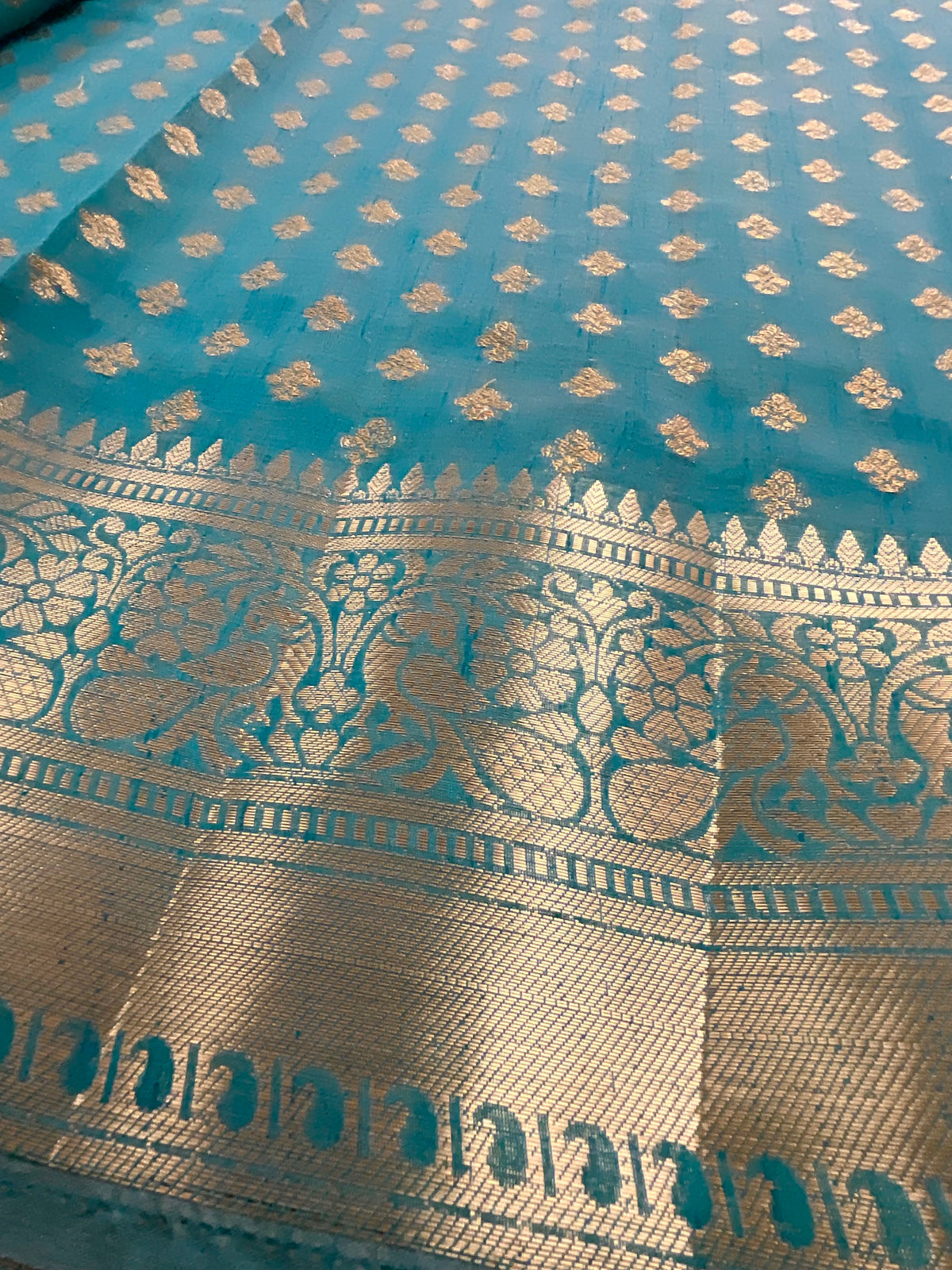 Sea green handloom cotton silk saree with zari butti