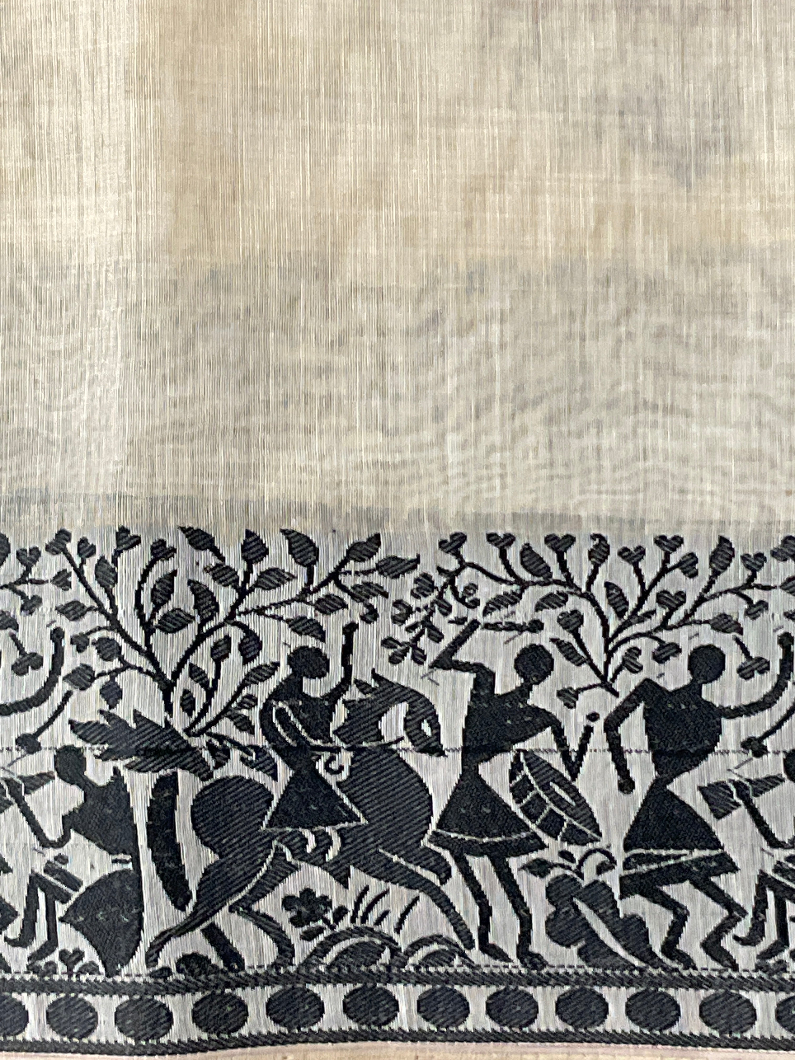 Kalamkari Hand Embroidery Cotton-Linen Saree – Off-White with Black Vareli Embroidery & Blouse