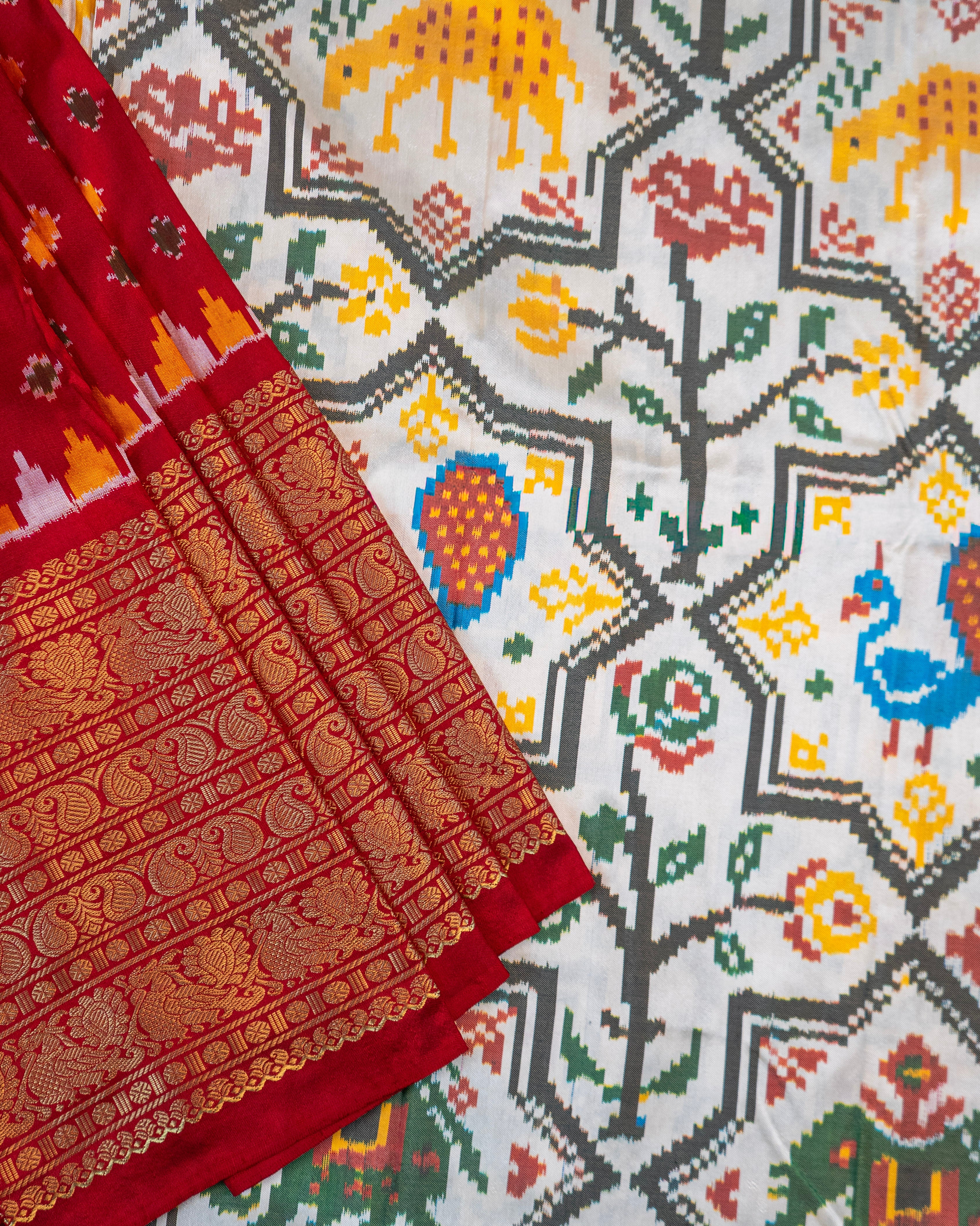 Signature Kanchipuram Pochampally Double Ikat Silk Saree in White with Red Zari Pallu