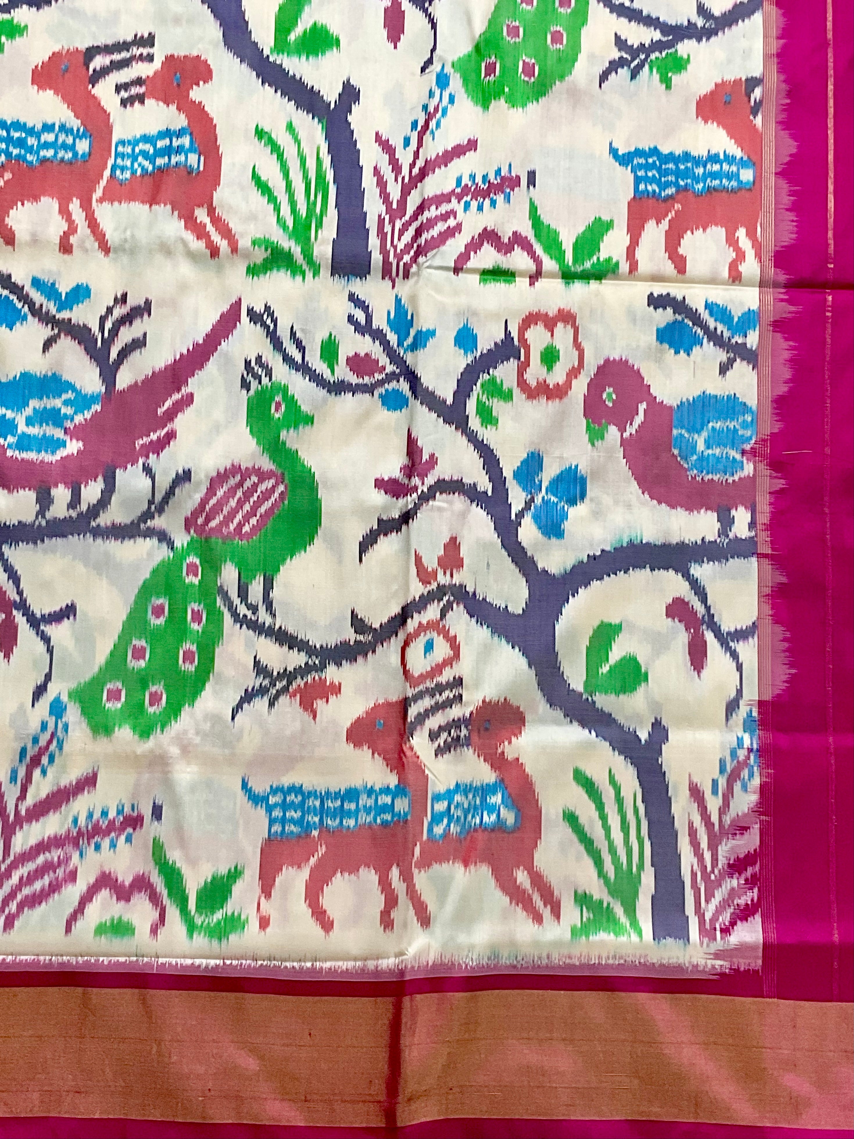Pure Pochampally Double Ikat Silk Saree in White with Contrast Pink Zari Pallu & Blouse