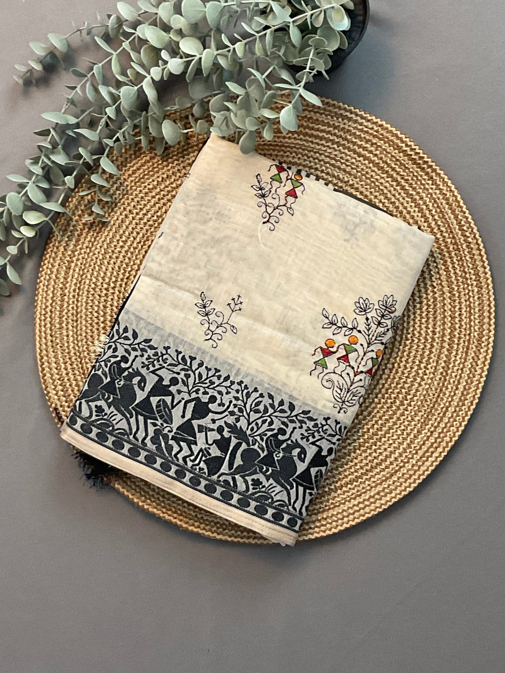 Kalamkari Hand Embroidery Cotton-Linen Saree – Off-White with Black Vareli Embroidery & Blouse
