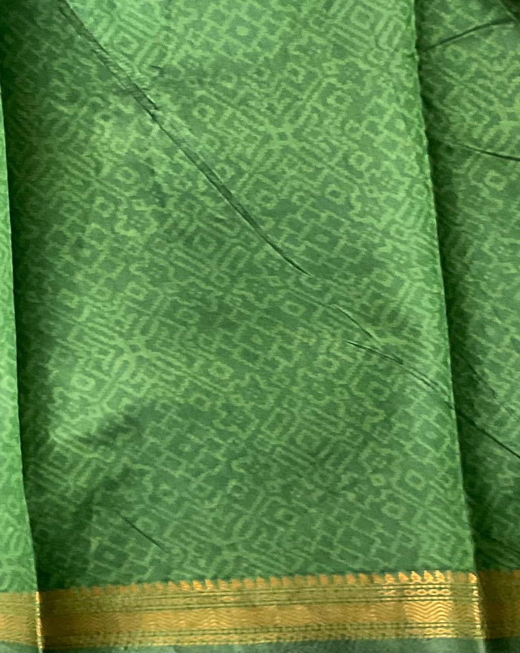Kalamkari Leheriya Printed Soft Silk Saree in Green with Designer Pallu and Gold Border