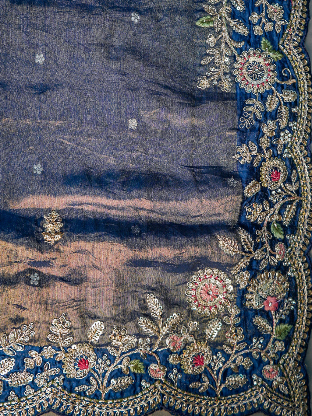 Royal Blue Pure Tissue Silk Saree – Heavy Floral Embroidery Designer Saree