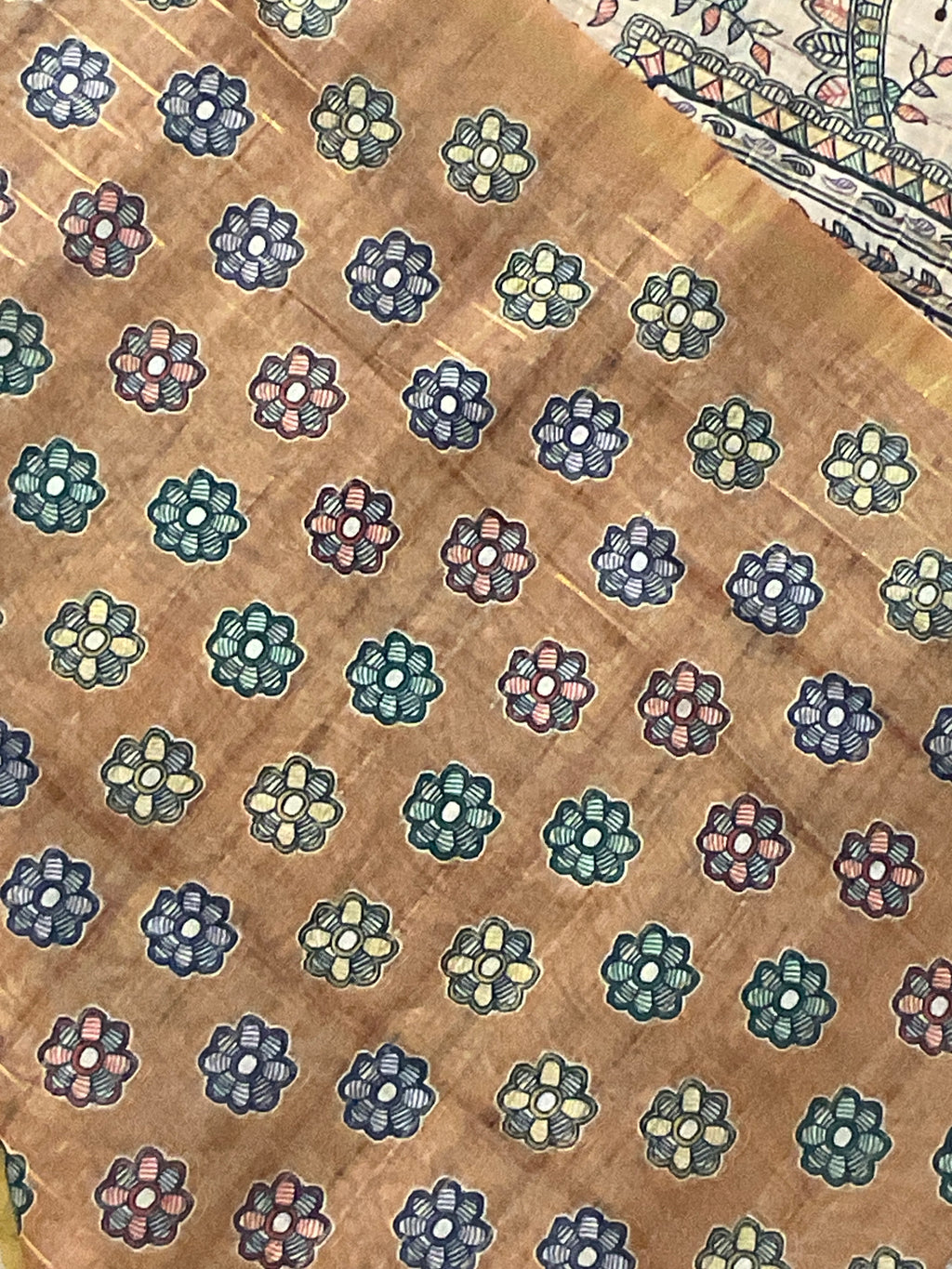 Kalamkari Hand Block Printed Handloom Silk Saree in Yellow with Designer Pallu & Blouse