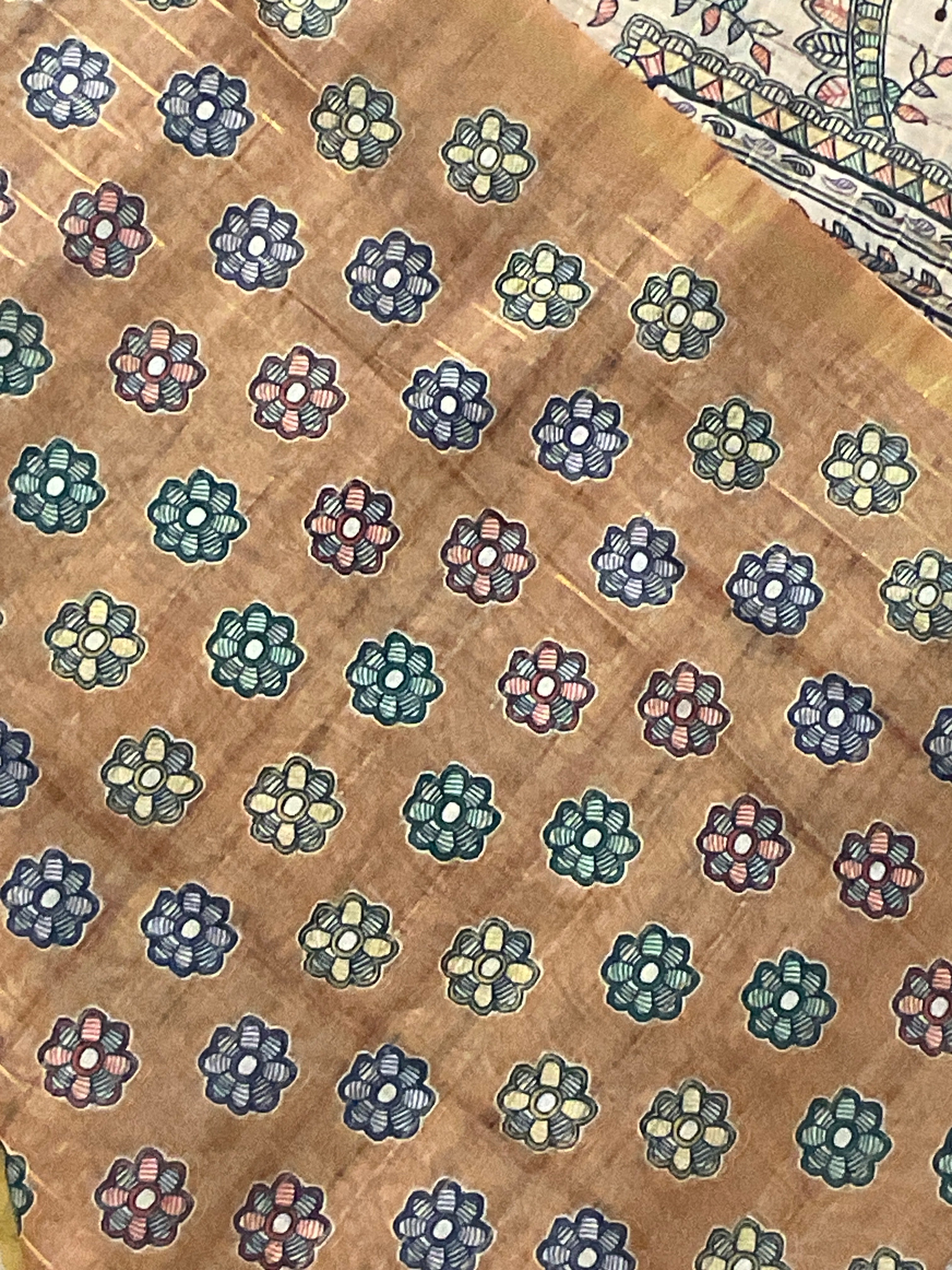 Kalamkari Hand Block Printed Handloom Silk Saree in Yellow with Designer Pallu & Blouse