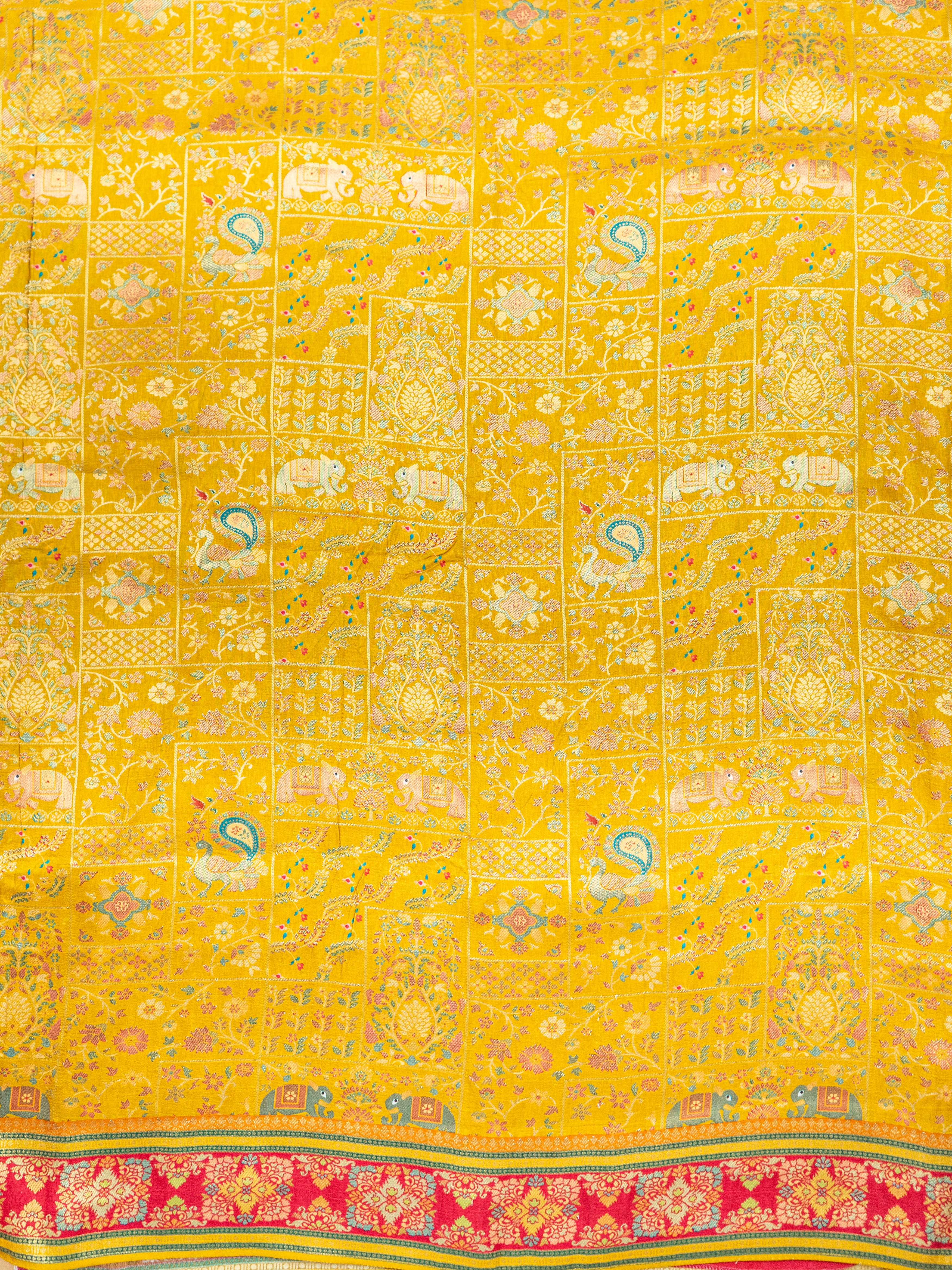 Pure Rajwada Silk Saree in Mustard Yellow with Red Contrast Border & Intricate Pallu
